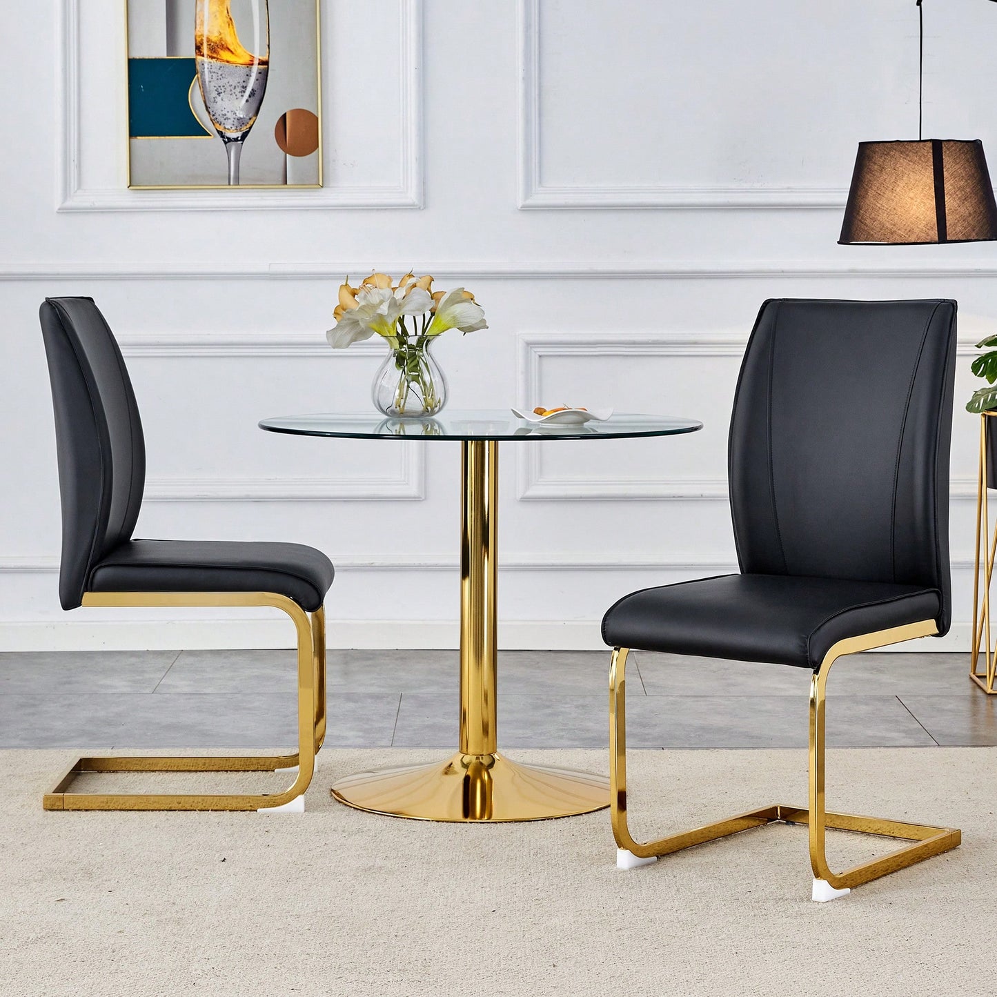 Elegant Black PU Dining Chairs Set Of 2 High Resilience With Arched Gold Metal Legs