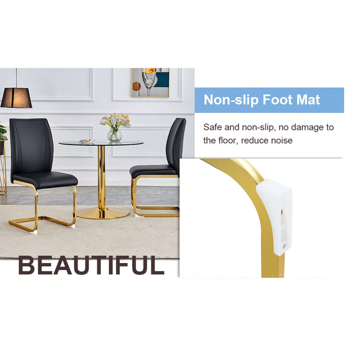 Elegant Black PU Dining Chairs Set Of 2 High Resilience With Arched Gold Metal Legs