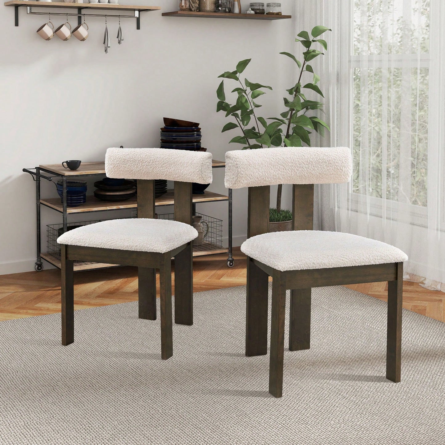 Set Of 2 Modern Boucle Upholstered Dining Chairs With Open Back Mid Century Style For Kitchen And Living Room