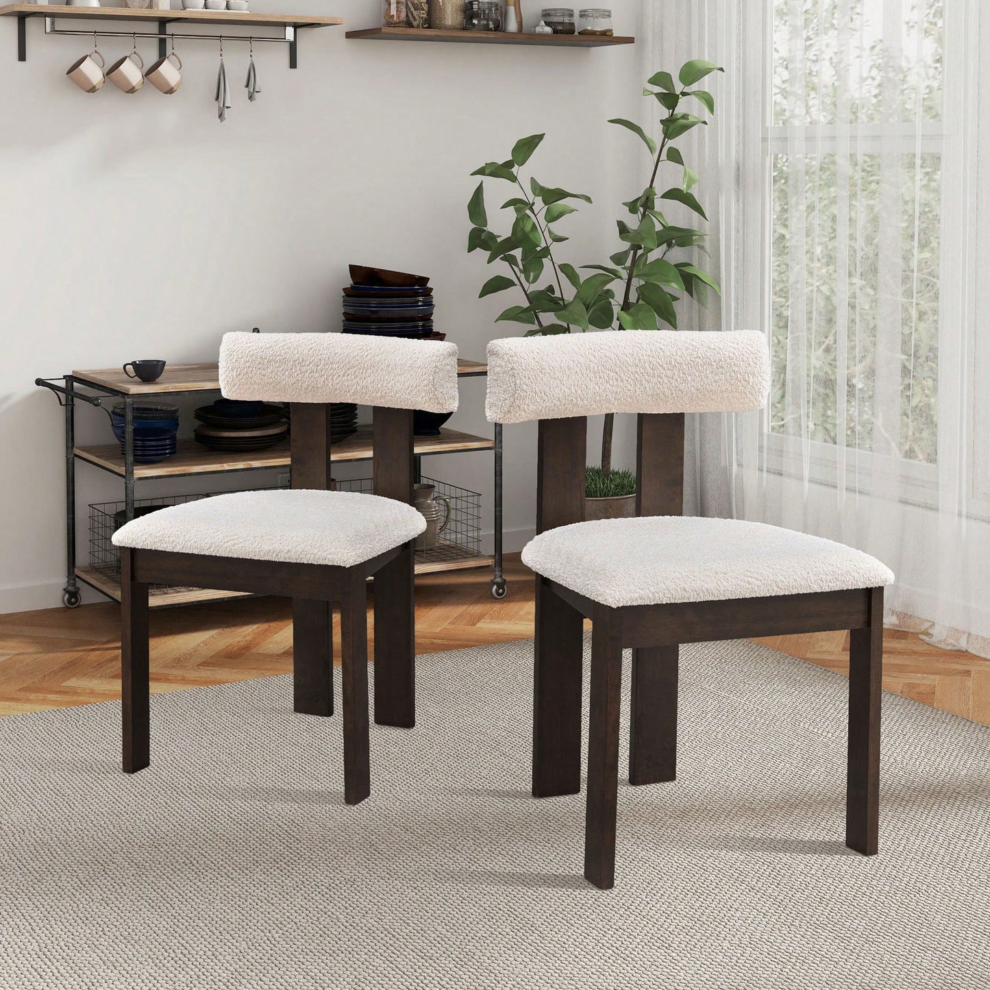 Set Of 2 Modern Boucle Upholstered Dining Chairs With Open Back Mid Century Style For Kitchen And Living Room