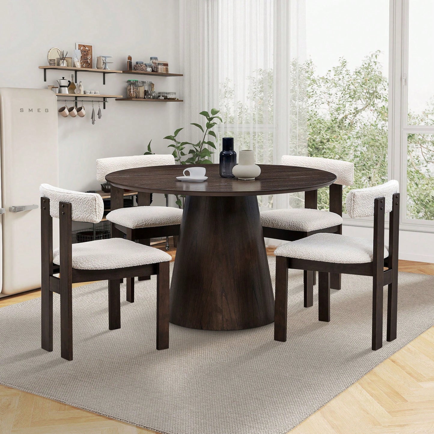 Set Of 2 Modern Boucle Upholstered Dining Chairs With Open Back Mid Century Style For Kitchen And Living Room