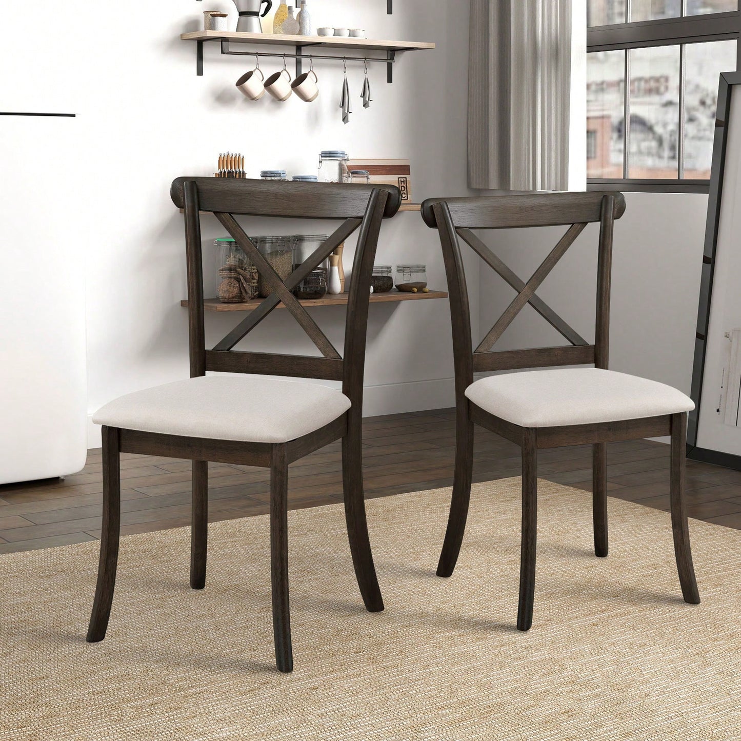 Modern Fabric Upholstered X Back Dining Chairs Set Of 2, Rubber Wood Farmhouse Style Kitchen Side Chairs In Oak Finish