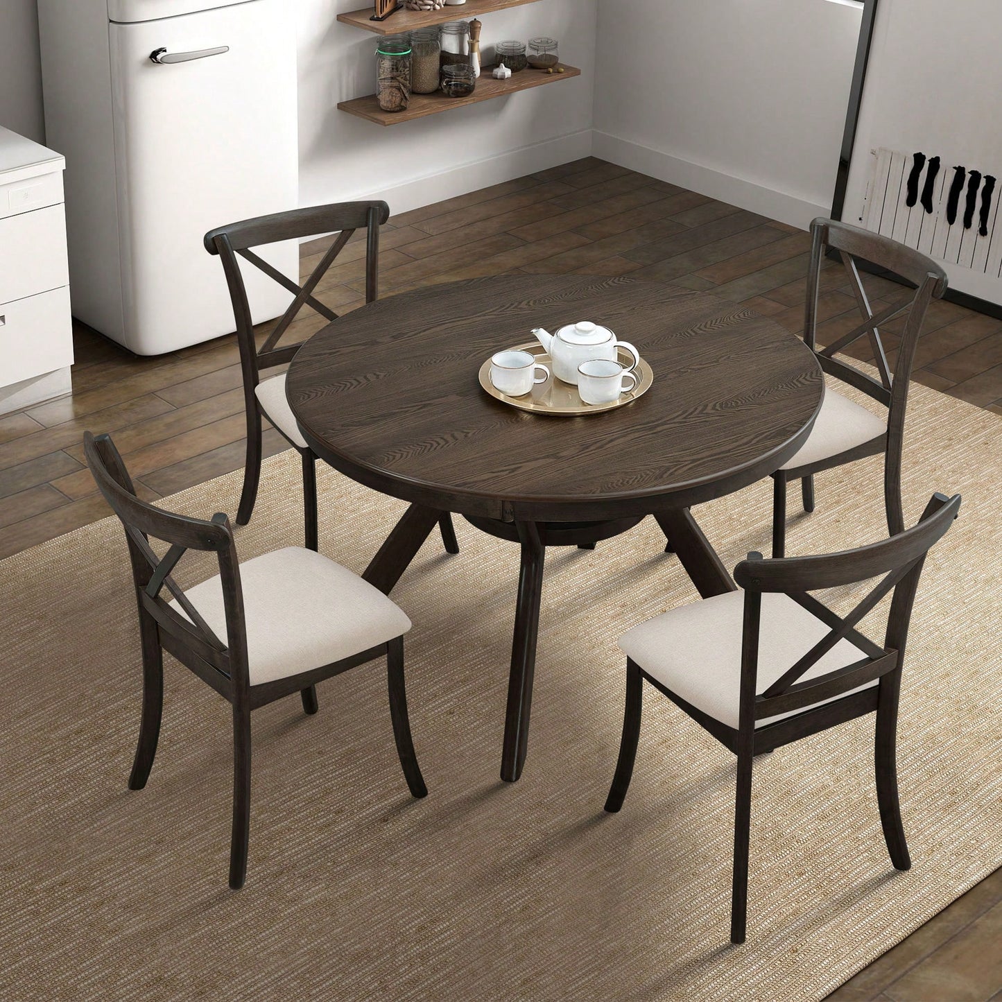 Modern Fabric Upholstered X Back Dining Chairs Set Of 2, Rubber Wood Farmhouse Style Kitchen Side Chairs In Oak Finish