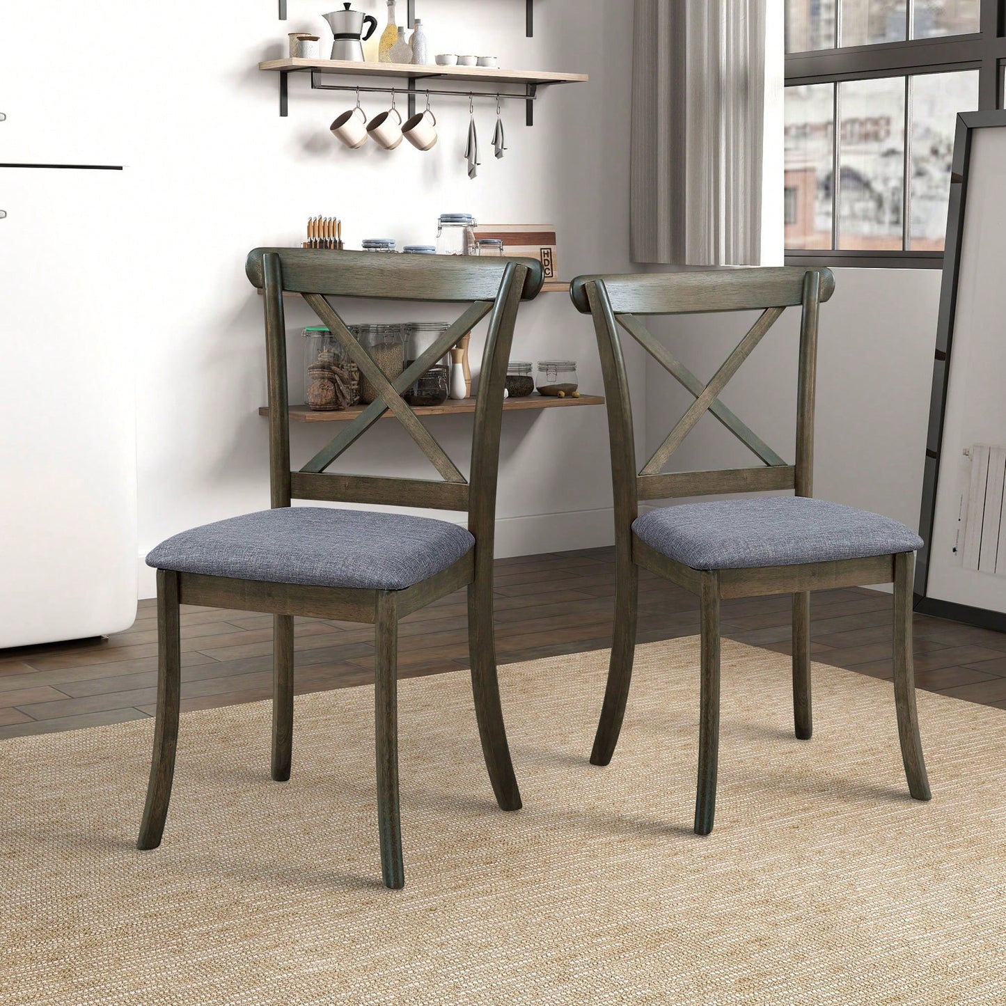 Modern Fabric Upholstered X Back Dining Chairs Set Of 2, Rubber Wood Farmhouse Style Kitchen Side Chairs In Oak Finish