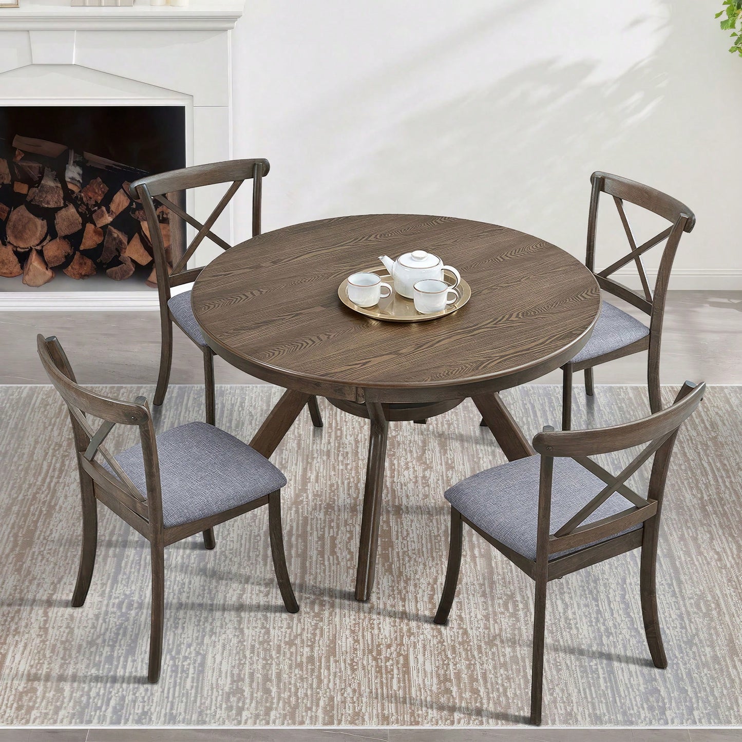 Modern Fabric Upholstered X Back Dining Chairs Set Of 2, Rubber Wood Farmhouse Style Kitchen Side Chairs In Oak Finish