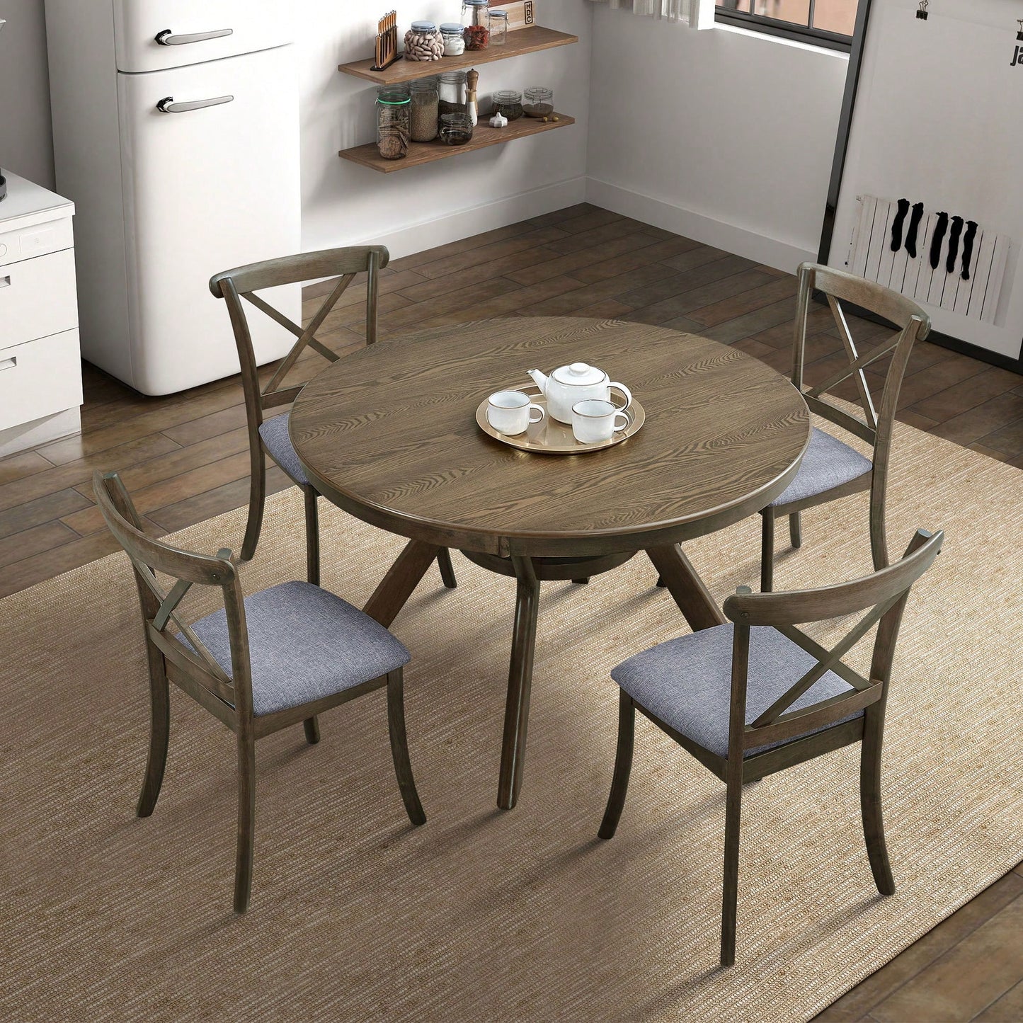 Modern Fabric Upholstered X Back Dining Chairs Set Of 2, Rubber Wood Farmhouse Style Kitchen Side Chairs In Oak Finish
