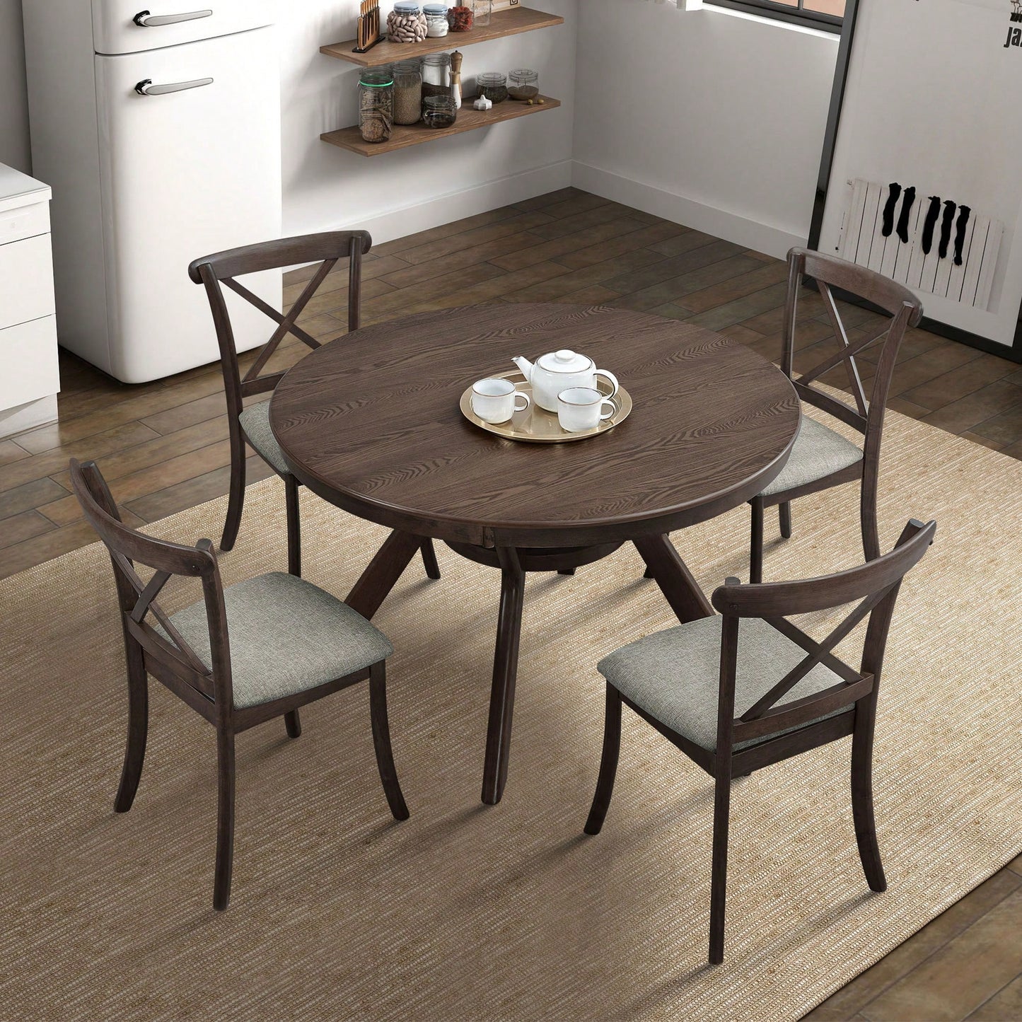 Modern Fabric Upholstered X Back Dining Chairs Set Of 2, Rubber Wood Farmhouse Style Kitchen Side Chairs In Oak Finish
