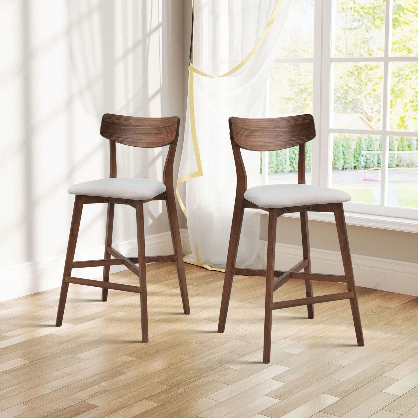 Modern Upholstered Kitchen Island Bar Chairs Set Of 2 With Backrest And Footrest For Pub Living Room And Restaurant Black Wooden Frame