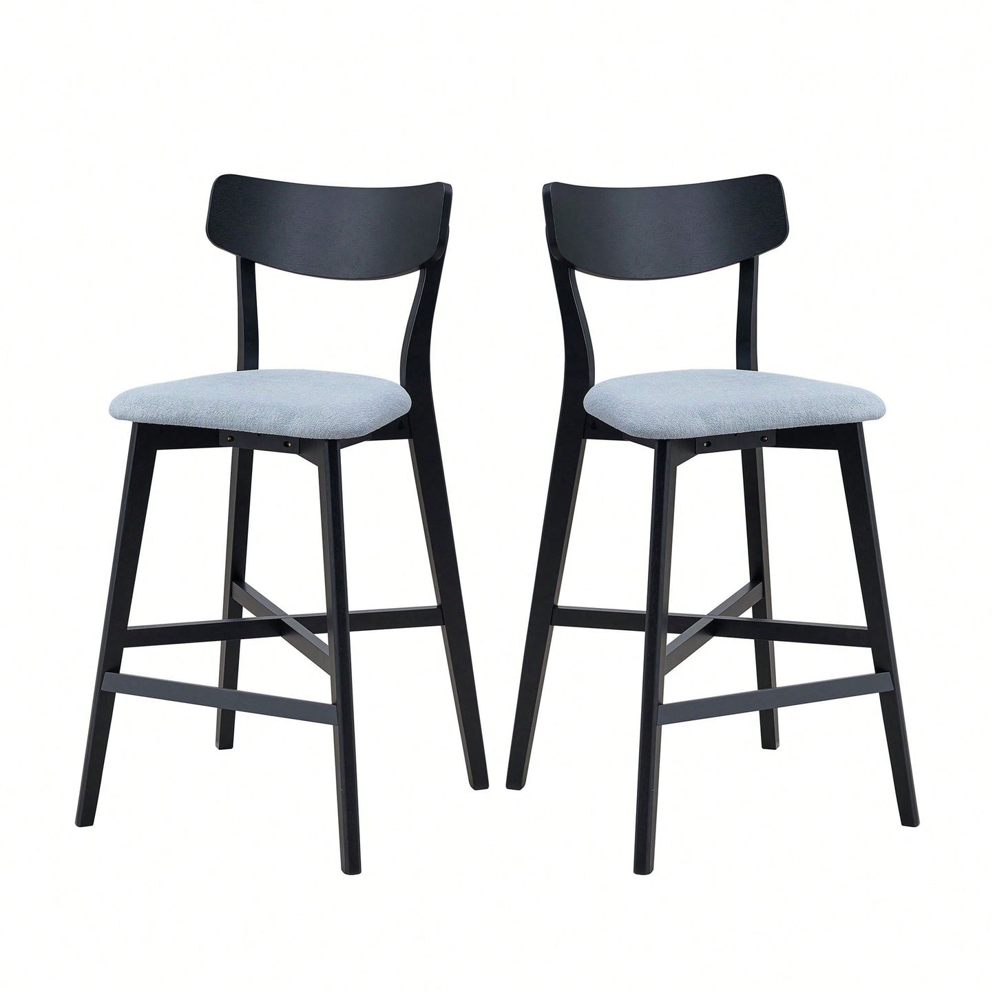 Modern Upholstered Kitchen Island Bar Chairs Set Of 2 With Backrest And Footrest For Pub Living Room And Restaurant Black Wooden Frame