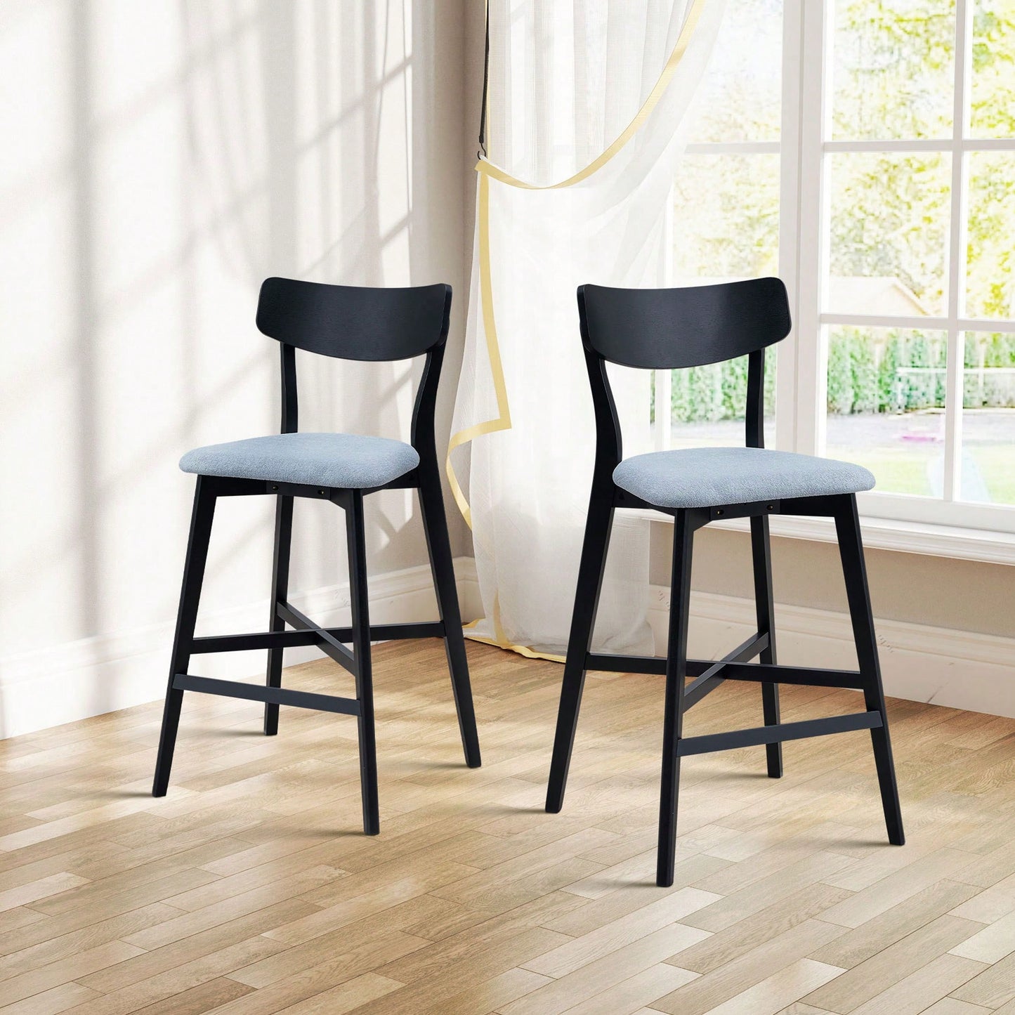 Modern Upholstered Kitchen Island Bar Chairs Set Of 2 With Backrest And Footrest For Pub Living Room And Restaurant Black Wooden Frame