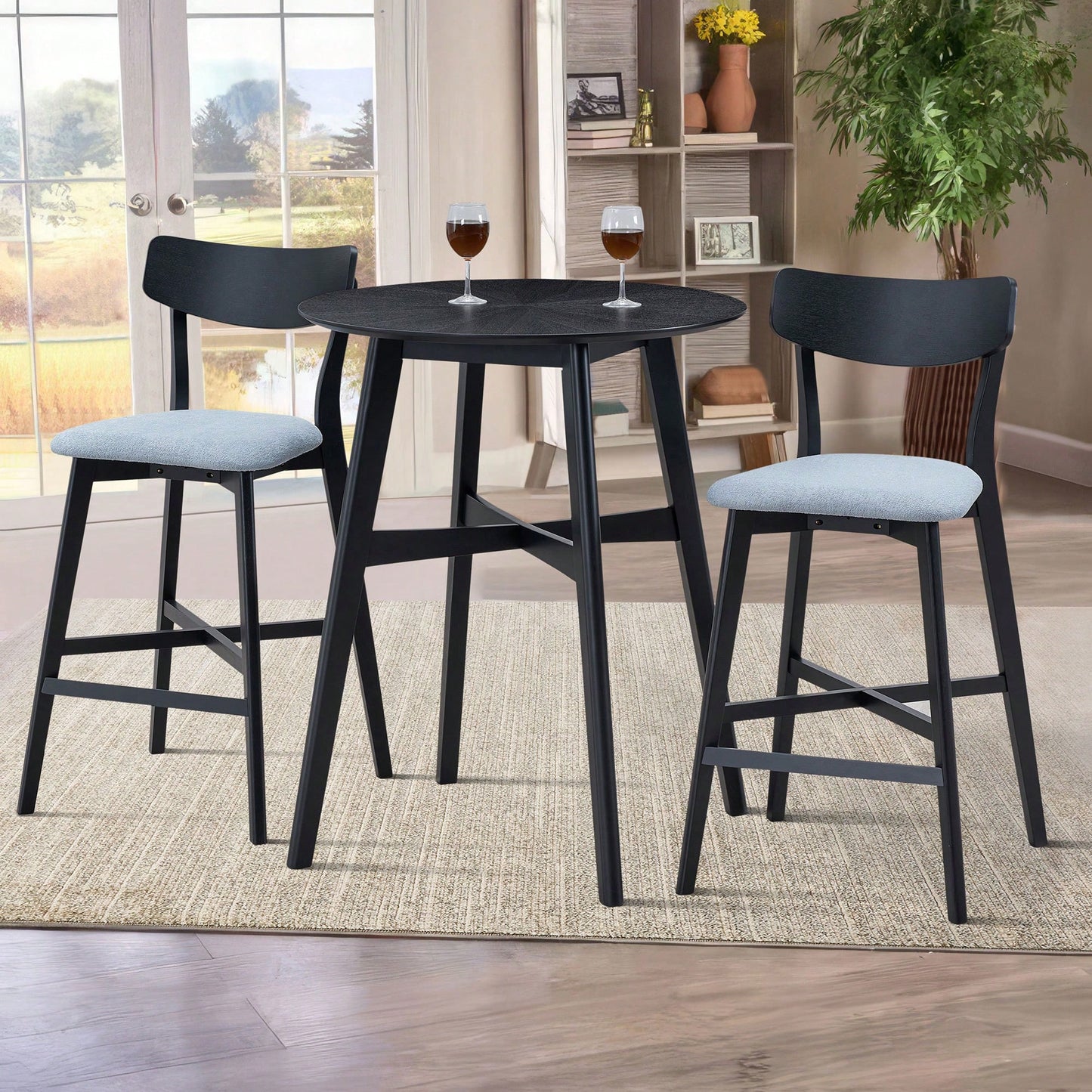 Modern Upholstered Kitchen Island Bar Chairs Set Of 2 With Backrest And Footrest For Pub Living Room And Restaurant Black Wooden Frame