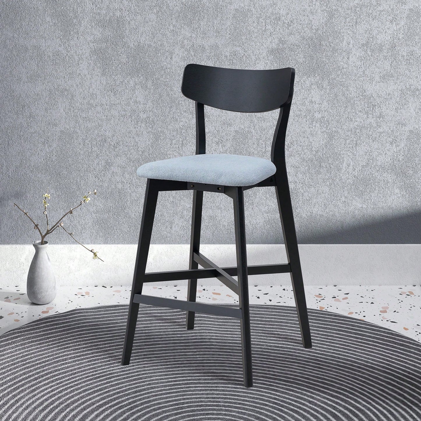 Modern Upholstered Kitchen Island Bar Chairs Set Of 2 With Backrest And Footrest For Pub Living Room And Restaurant Black Wooden Frame