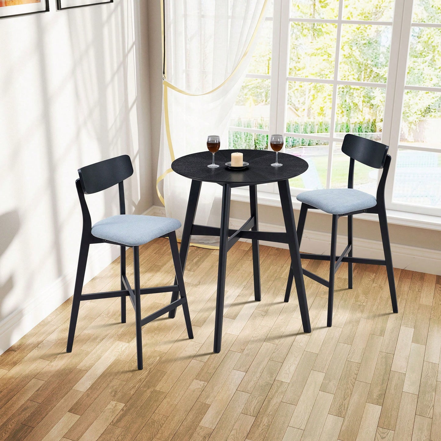 Modern Upholstered Kitchen Island Bar Chairs Set Of 2 With Backrest And Footrest For Pub Living Room And Restaurant Black Wooden Frame