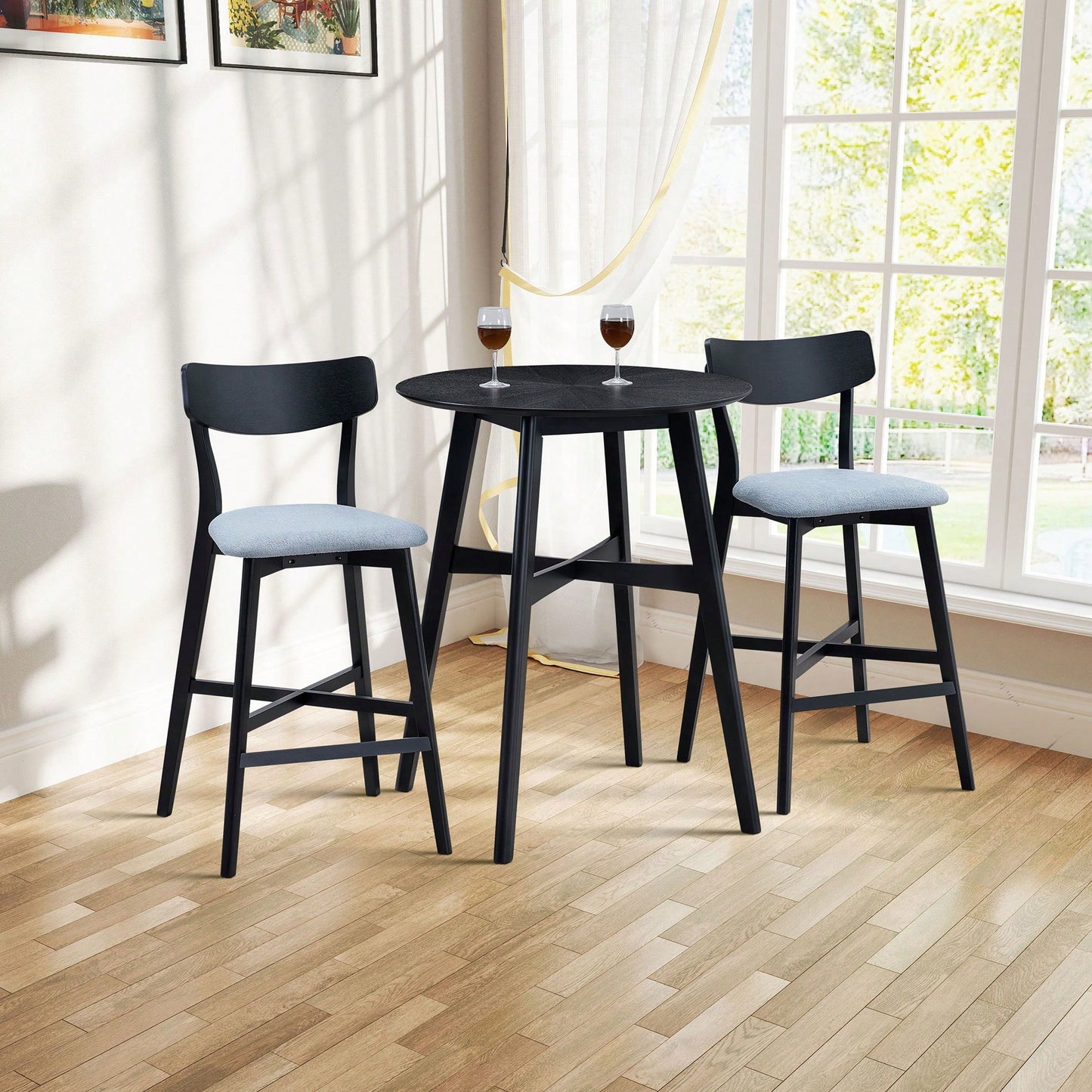 Modern Upholstered Kitchen Island Bar Chairs Set Of 2 With Backrest And Footrest For Pub Living Room And Restaurant Black Wooden Frame