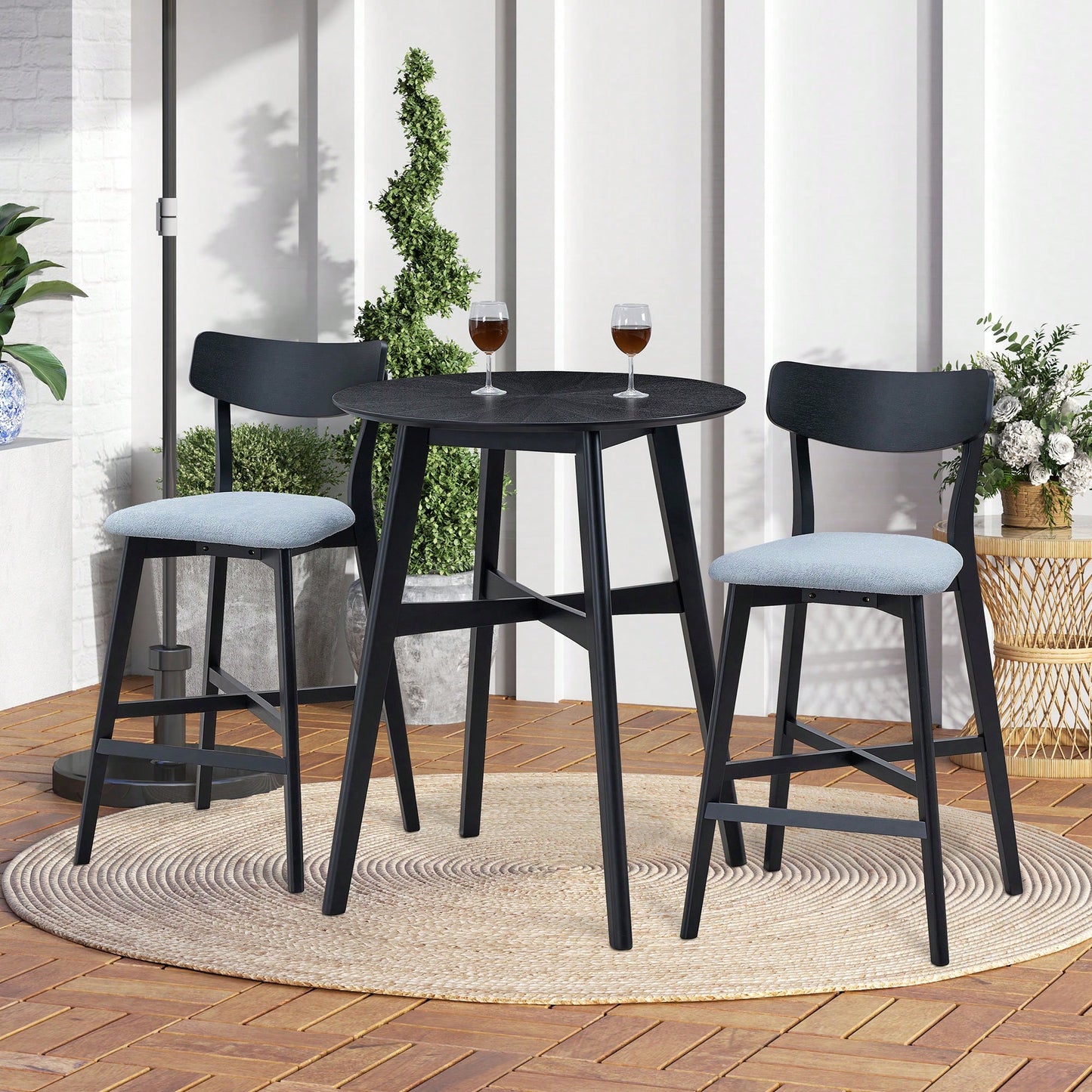 Modern Upholstered Kitchen Island Bar Chairs Set Of 2 With Backrest And Footrest For Pub Living Room And Restaurant Black Wooden Frame