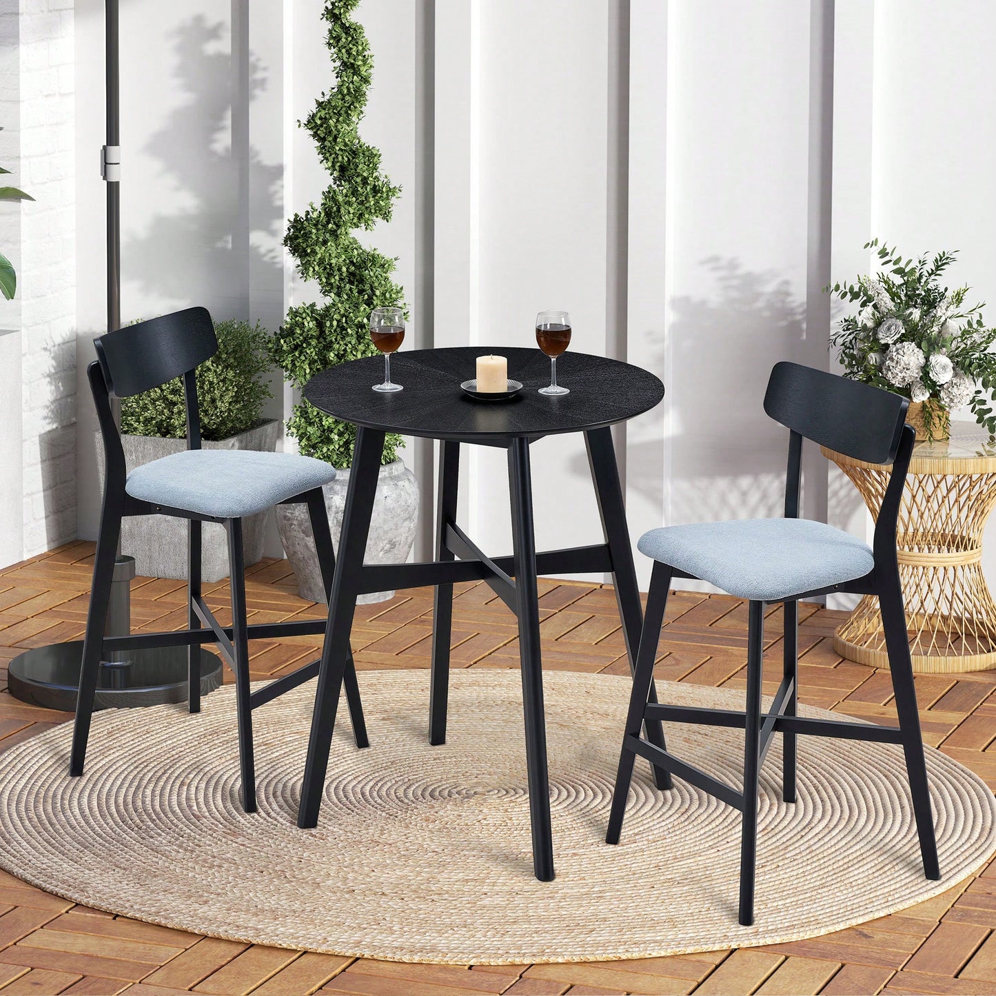 Modern Upholstered Kitchen Island Bar Chairs Set Of 2 With Backrest And Footrest For Pub Living Room And Restaurant Black Wooden Frame