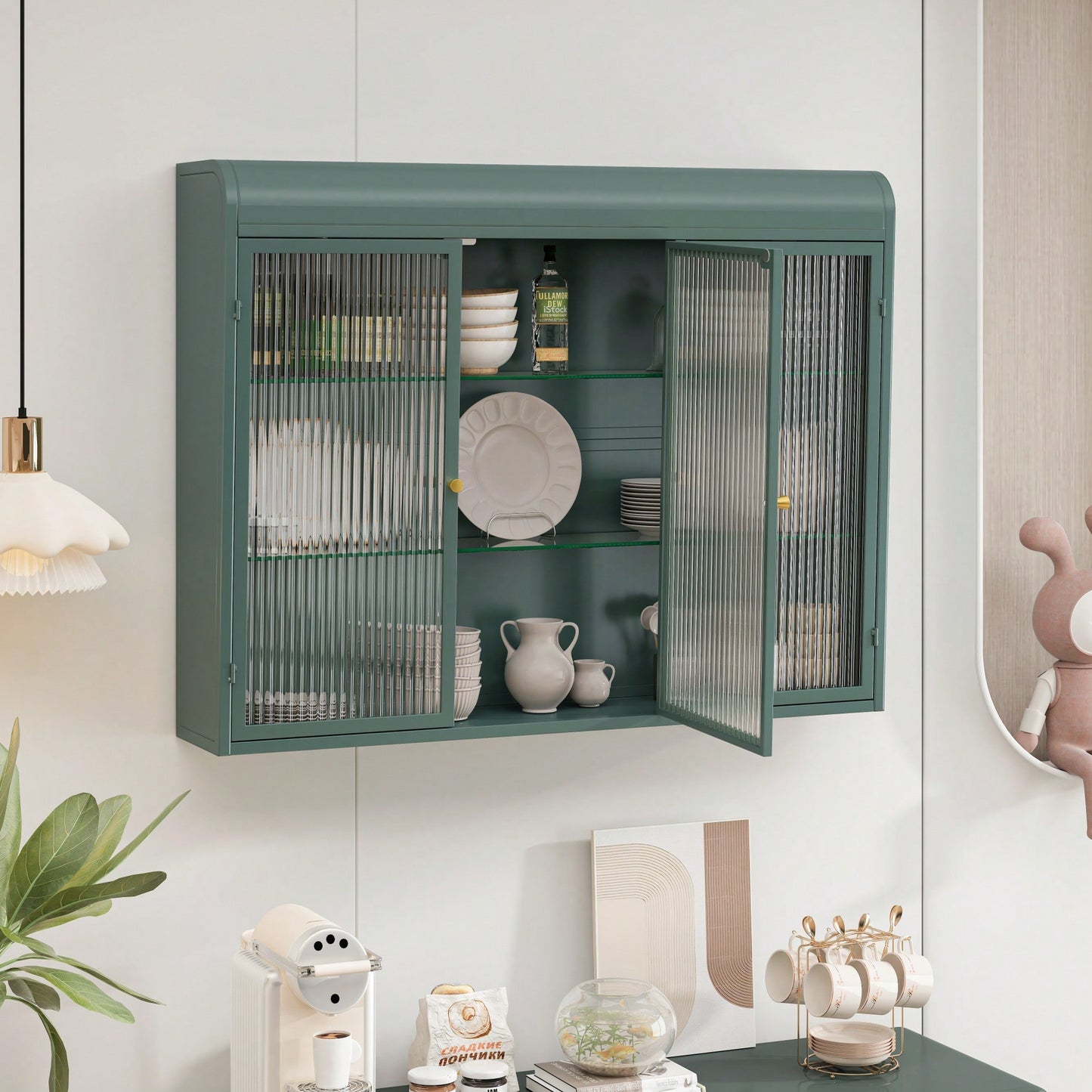 Elegant 3 Door Arched Wall Mounted Glass Cabinets For Kitchen Living Room And Bathroom In White Finish