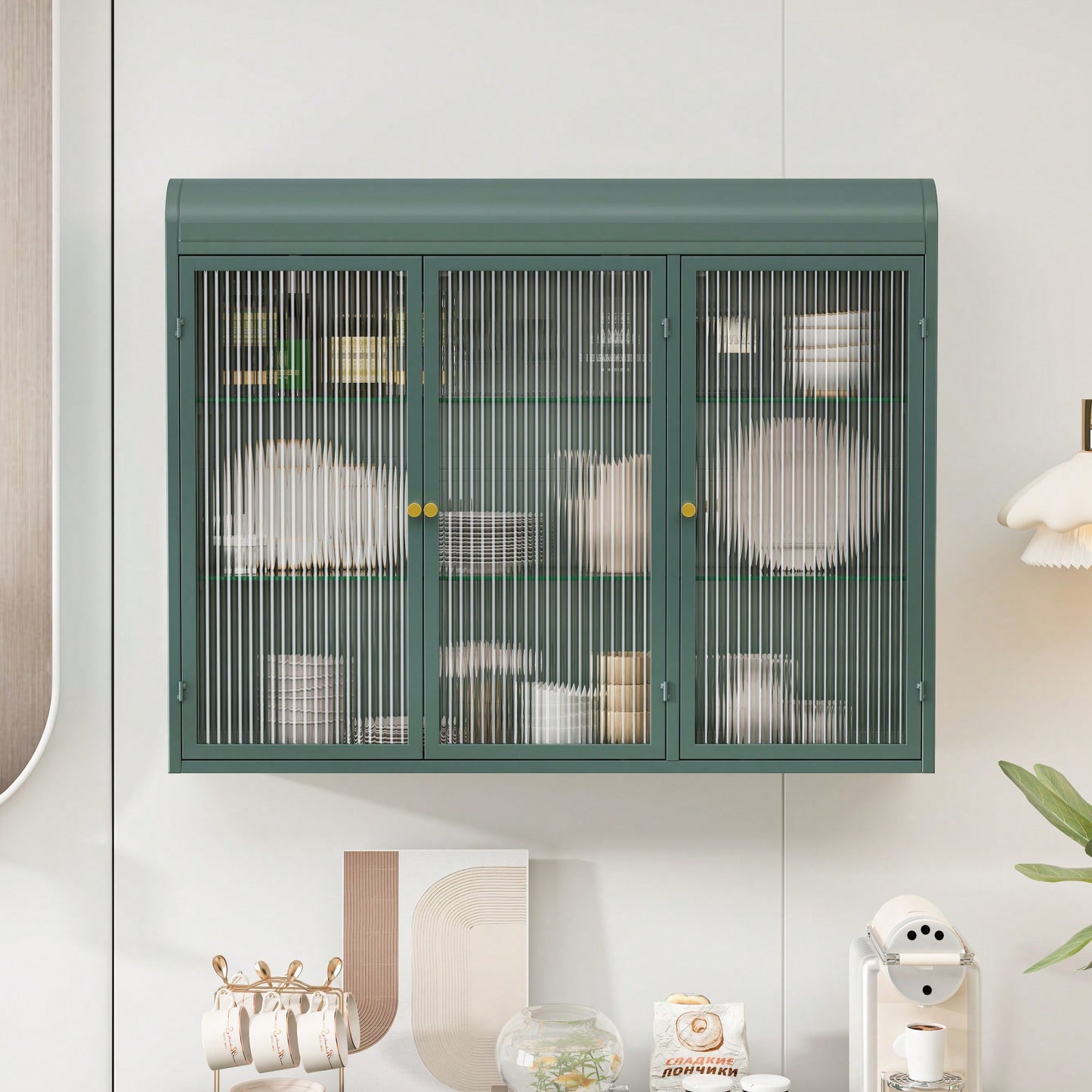 Elegant 3 Door Arched Wall Mounted Glass Cabinets For Kitchen Living Room And Bathroom In White Finish