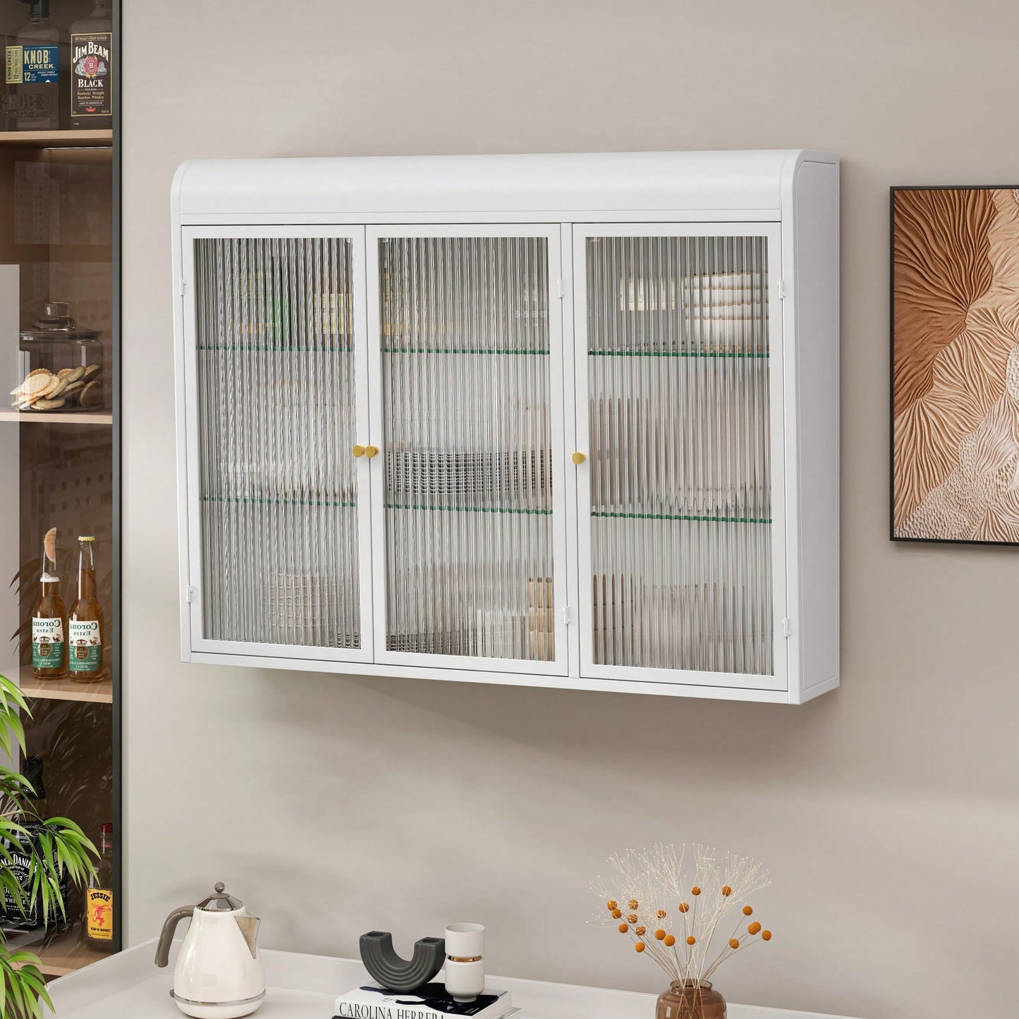 Elegant 3 Door Arched Wall Mounted Glass Cabinets For Kitchen Living Room And Bathroom In White Finish