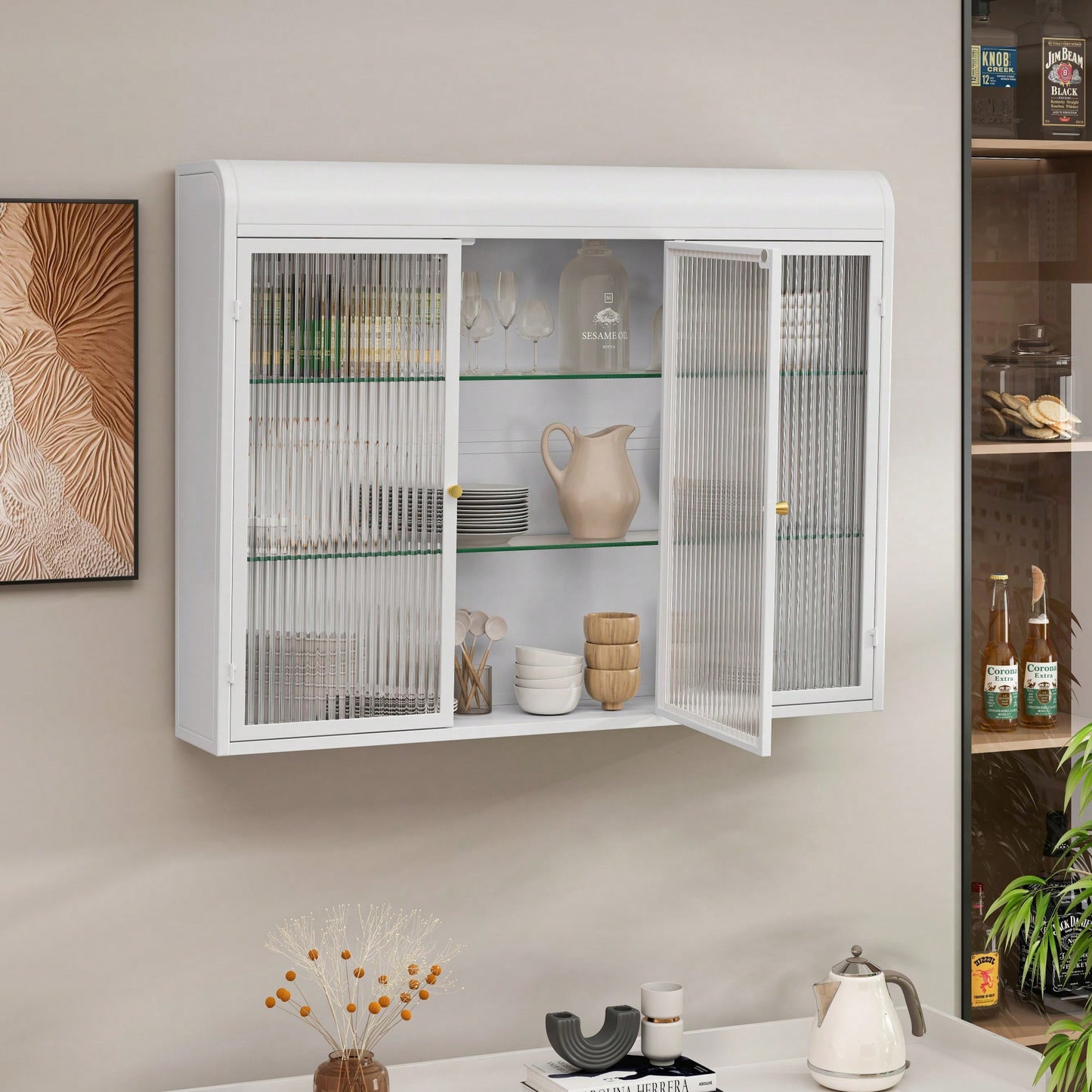 Elegant 3 Door Arched Wall Mounted Glass Cabinets For Kitchen Living Room And Bathroom In White Finish