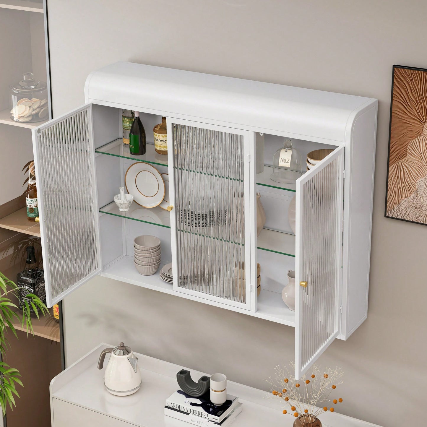 Elegant 3 Door Arched Wall Mounted Glass Cabinets For Kitchen Living Room And Bathroom In White Finish