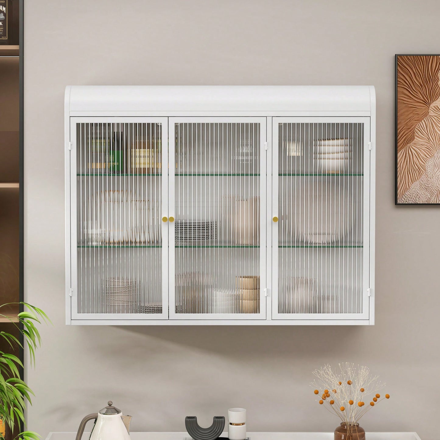 Elegant 3 Door Arched Wall Mounted Glass Cabinets For Kitchen Living Room And Bathroom In White Finish