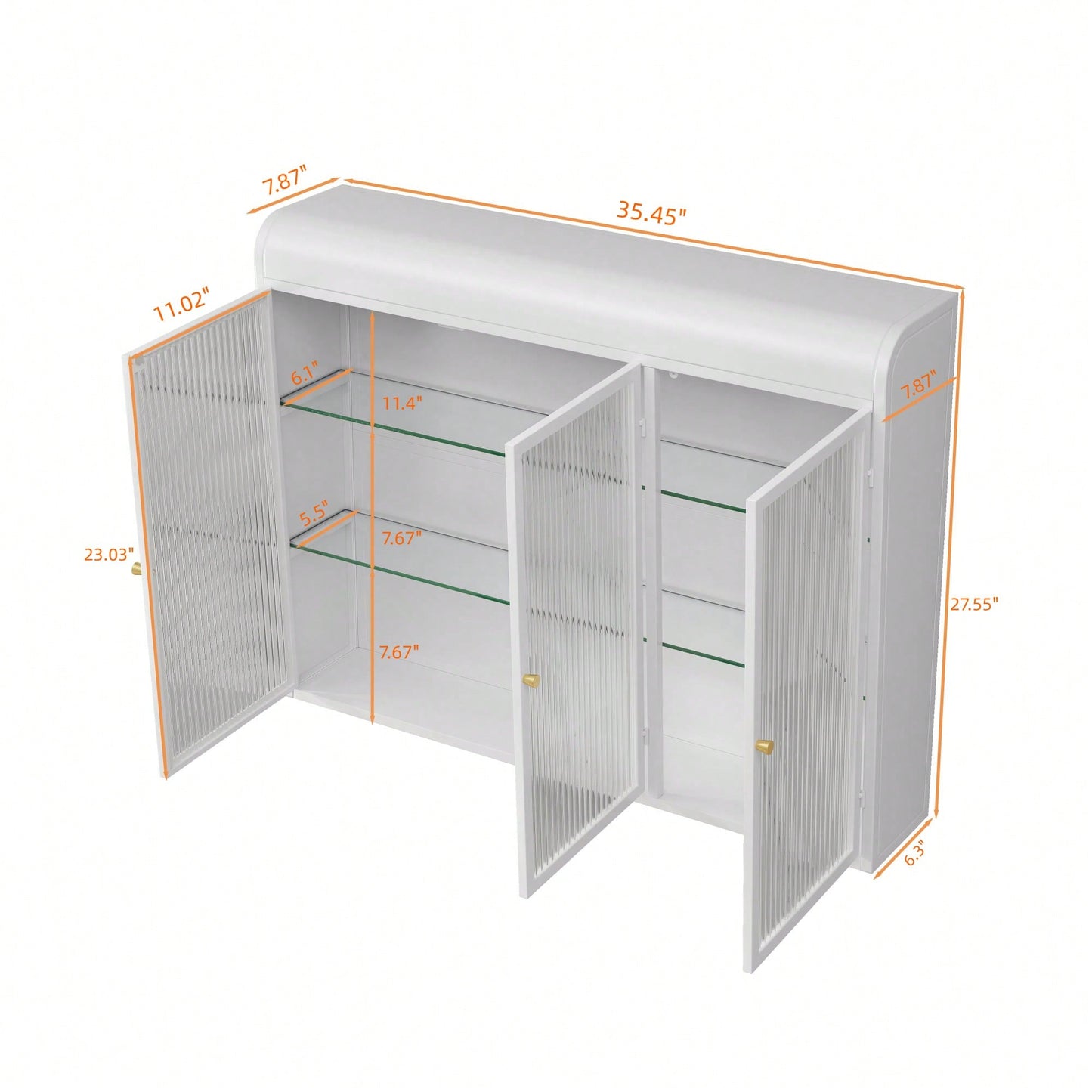 Elegant 3 Door Arched Wall Mounted Glass Cabinets For Kitchen Living Room And Bathroom In White Finish