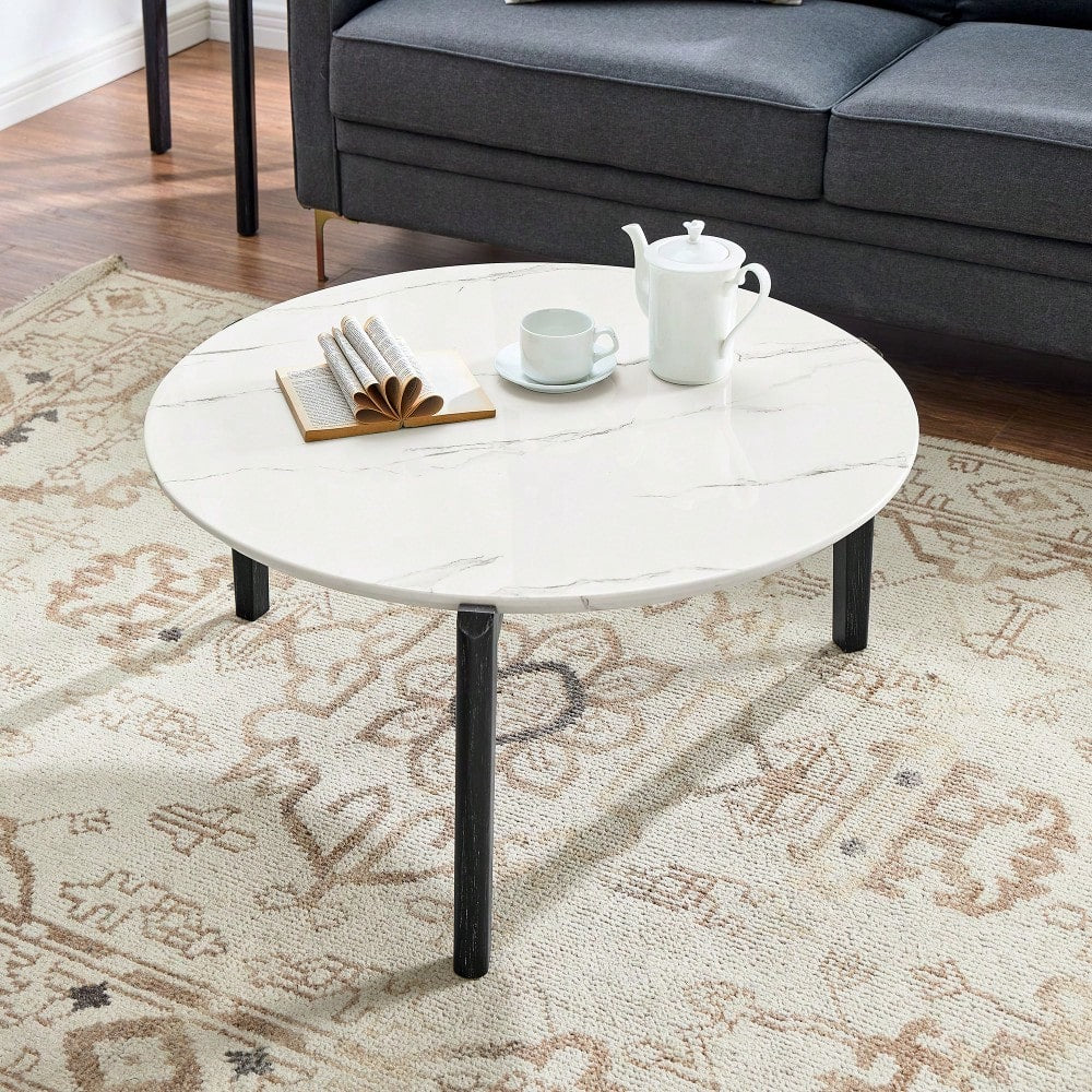 Modern 36 Inch Round Coffee Table With Imitation Marble Top And Solid Rubber Wood Legs For Living Room And Office