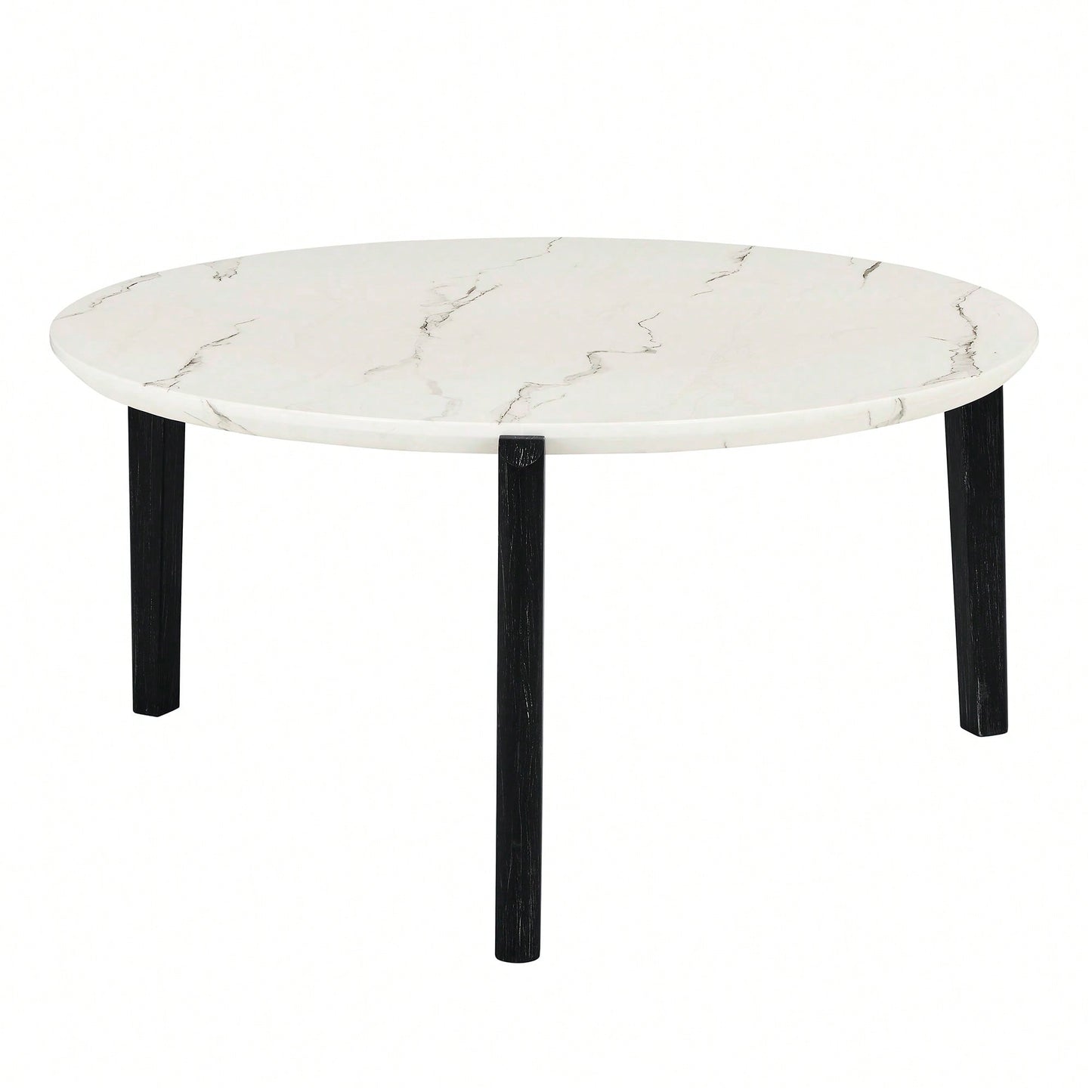 Modern 36 Inch Round Coffee Table With Imitation Marble Top And Solid Rubber Wood Legs For Living Room And Office