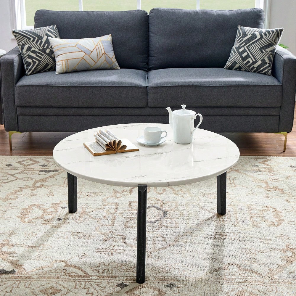 Modern 36 Inch Round Coffee Table With Imitation Marble Top And Solid Rubber Wood Legs For Living Room And Office