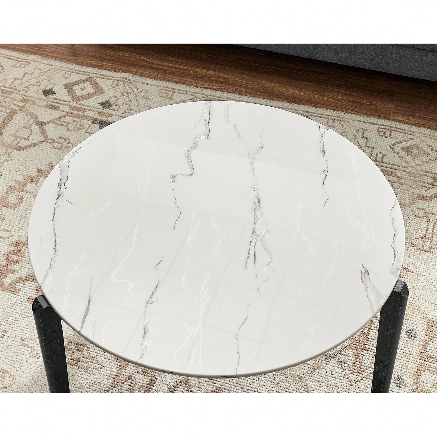 Modern 36 Inch Round Coffee Table With Imitation Marble Top And Solid Rubber Wood Legs For Living Room And Office