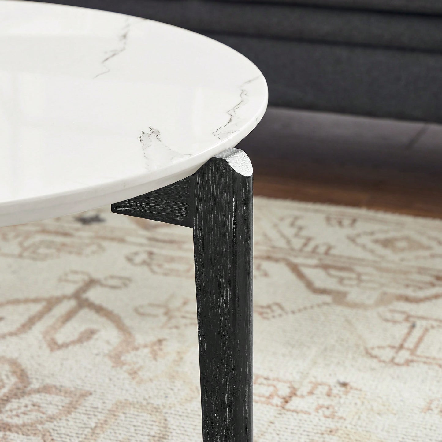 Modern 36 Inch Round Coffee Table With Imitation Marble Top And Solid Rubber Wood Legs For Living Room And Office