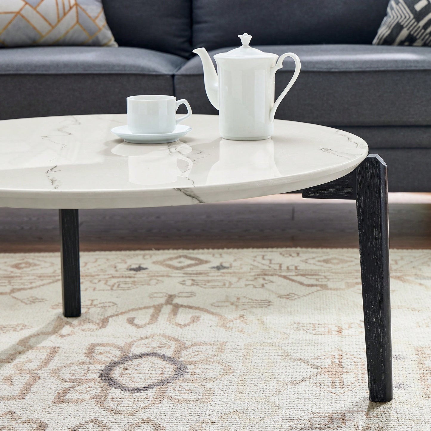 Modern 36 Inch Round Coffee Table With Imitation Marble Top And Solid Rubber Wood Legs For Living Room And Office