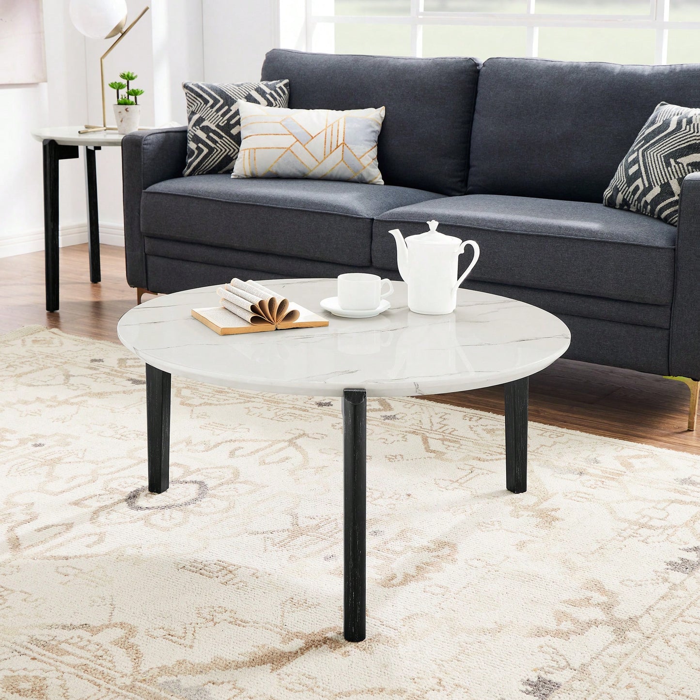 Modern 36 Inch Round Coffee Table With Imitation Marble Top And Solid Rubber Wood Legs For Living Room And Office
