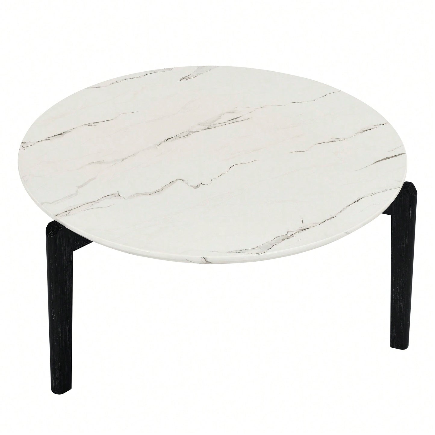 Modern 36 Inch Round Coffee Table With Imitation Marble Top And Solid Rubber Wood Legs For Living Room And Office