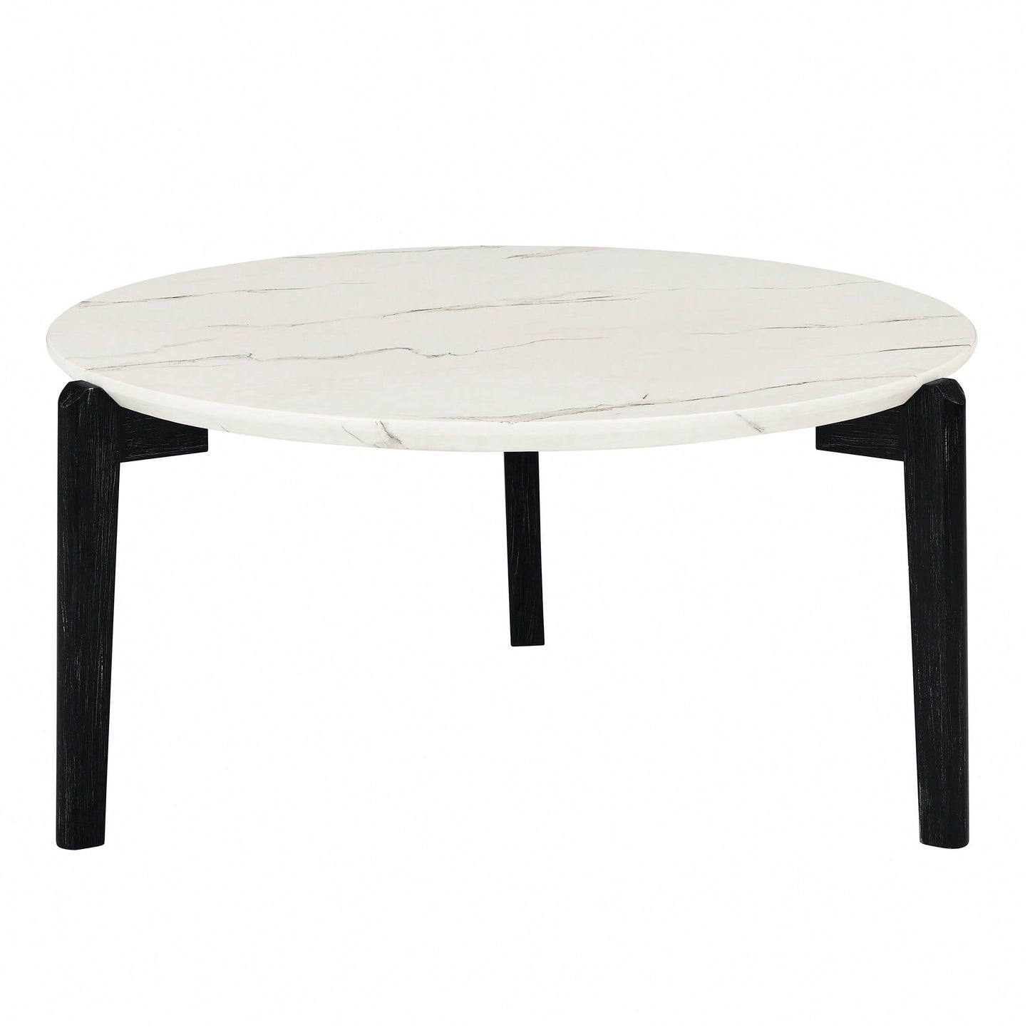 Modern 36 Inch Round Coffee Table With Imitation Marble Top And Solid Rubber Wood Legs For Living Room And Office