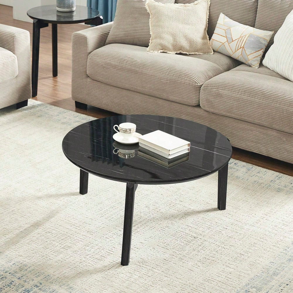 Modern 36 Inch Round Coffee Table With Imitation Marble Top And Solid Rubber Wood Legs For Living Room And Office
