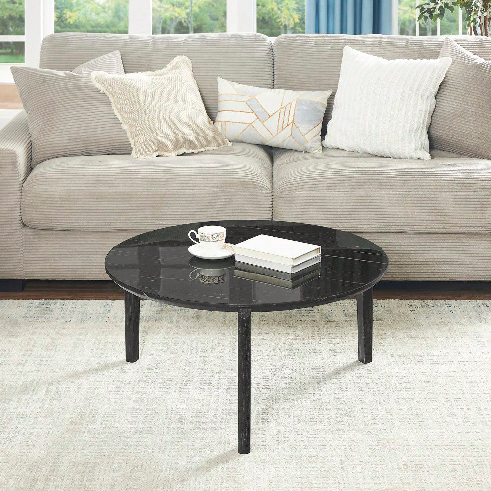 Modern 36 Inch Round Coffee Table With Imitation Marble Top And Solid Rubber Wood Legs For Living Room And Office