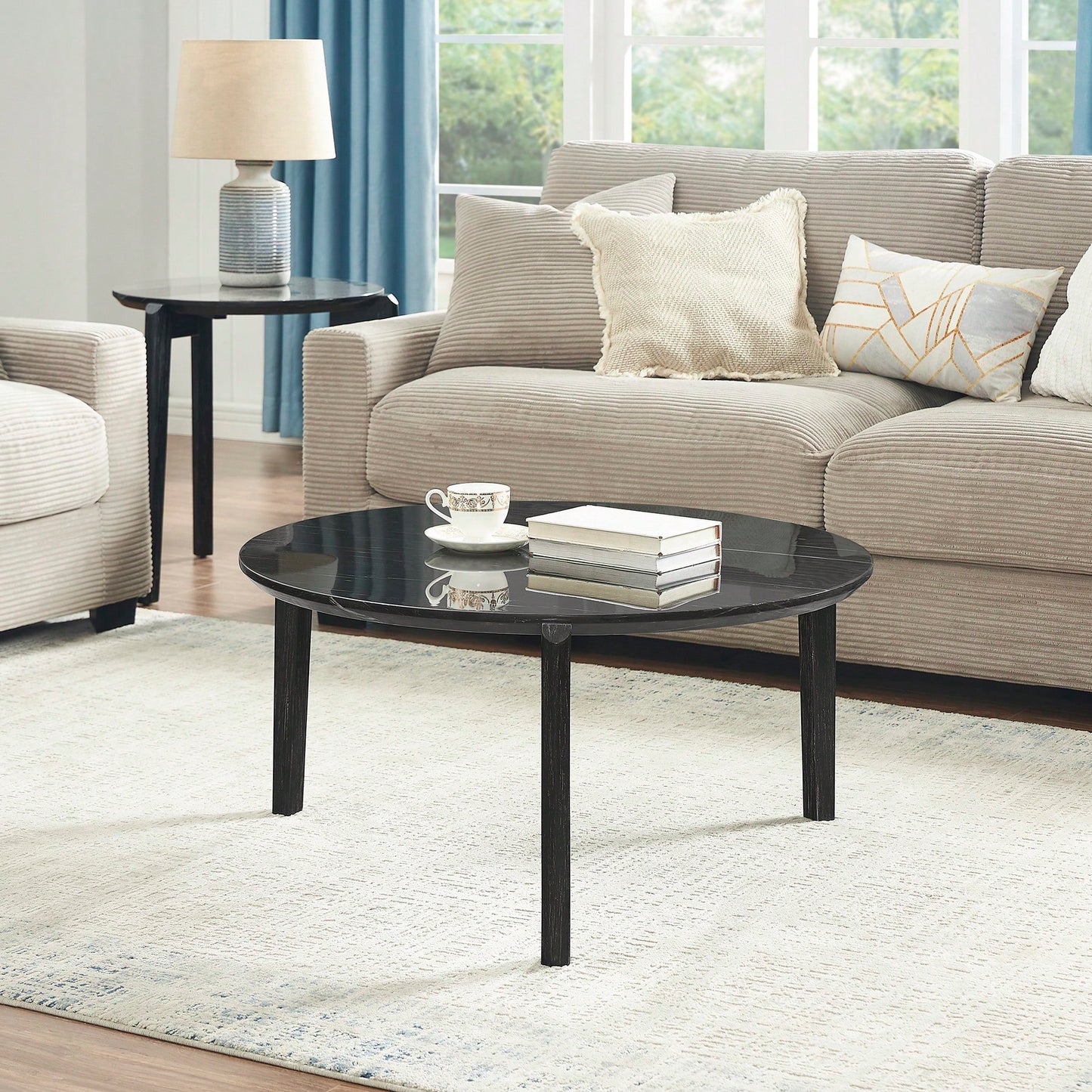 Modern 36 Inch Round Coffee Table With Imitation Marble Top And Solid Rubber Wood Legs For Living Room And Office