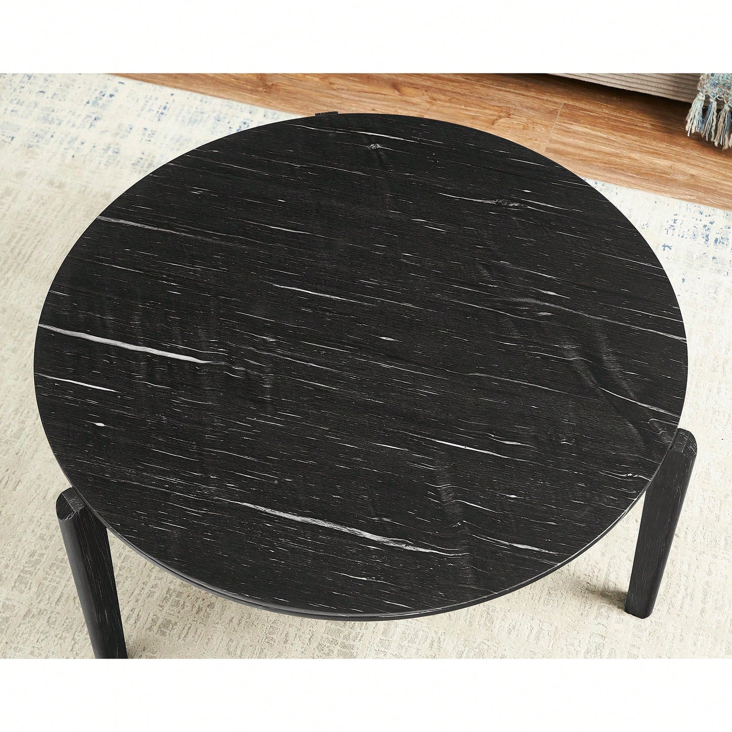 Modern 36 Inch Round Coffee Table With Imitation Marble Top And Solid Rubber Wood Legs For Living Room And Office