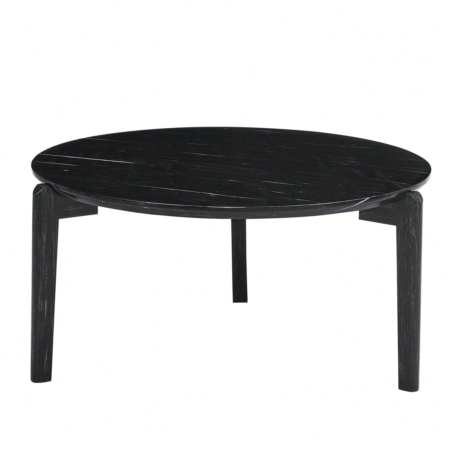 Modern 36 Inch Round Coffee Table With Imitation Marble Top And Solid Rubber Wood Legs For Living Room And Office