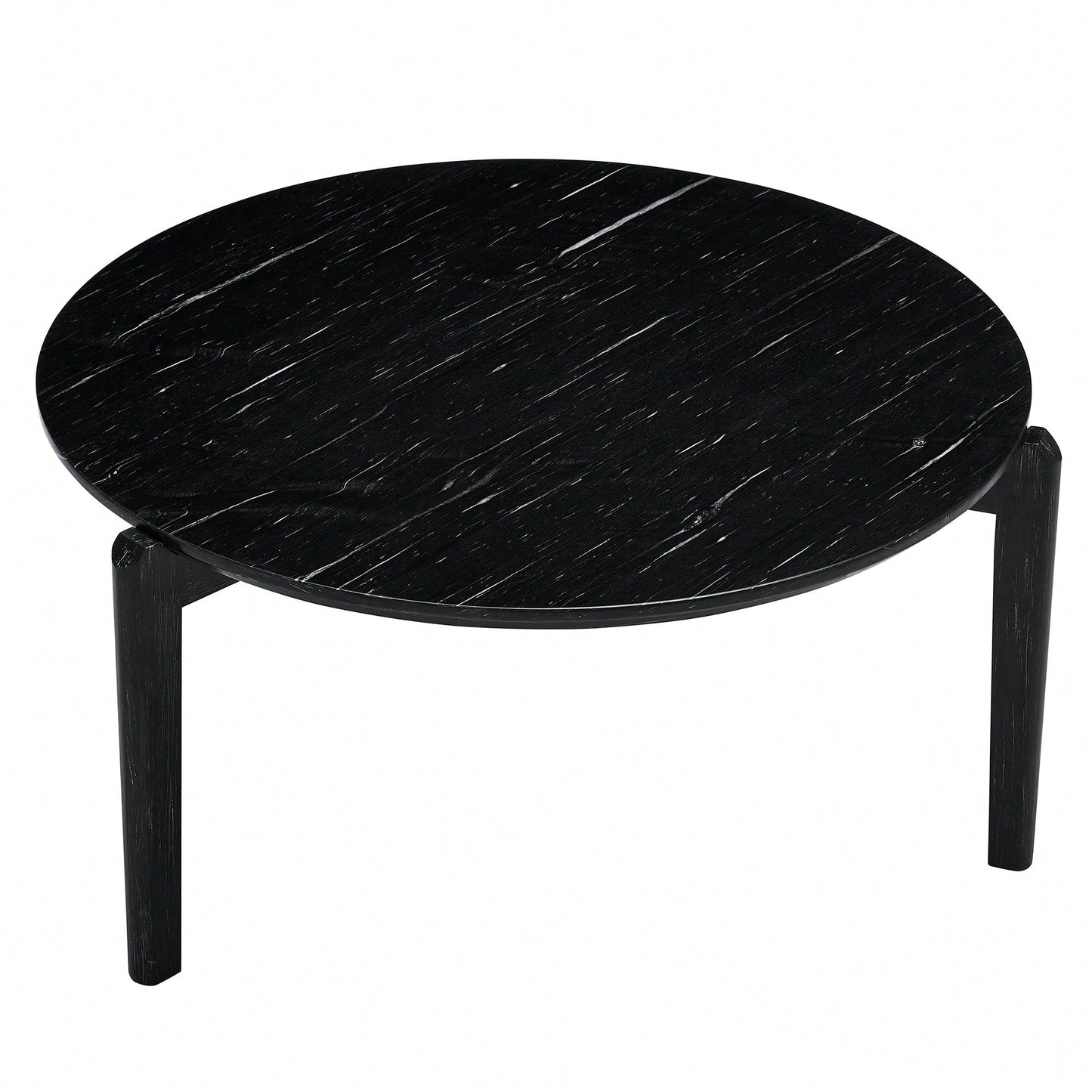 Modern 36 Inch Round Coffee Table With Imitation Marble Top And Solid Rubber Wood Legs For Living Room And Office