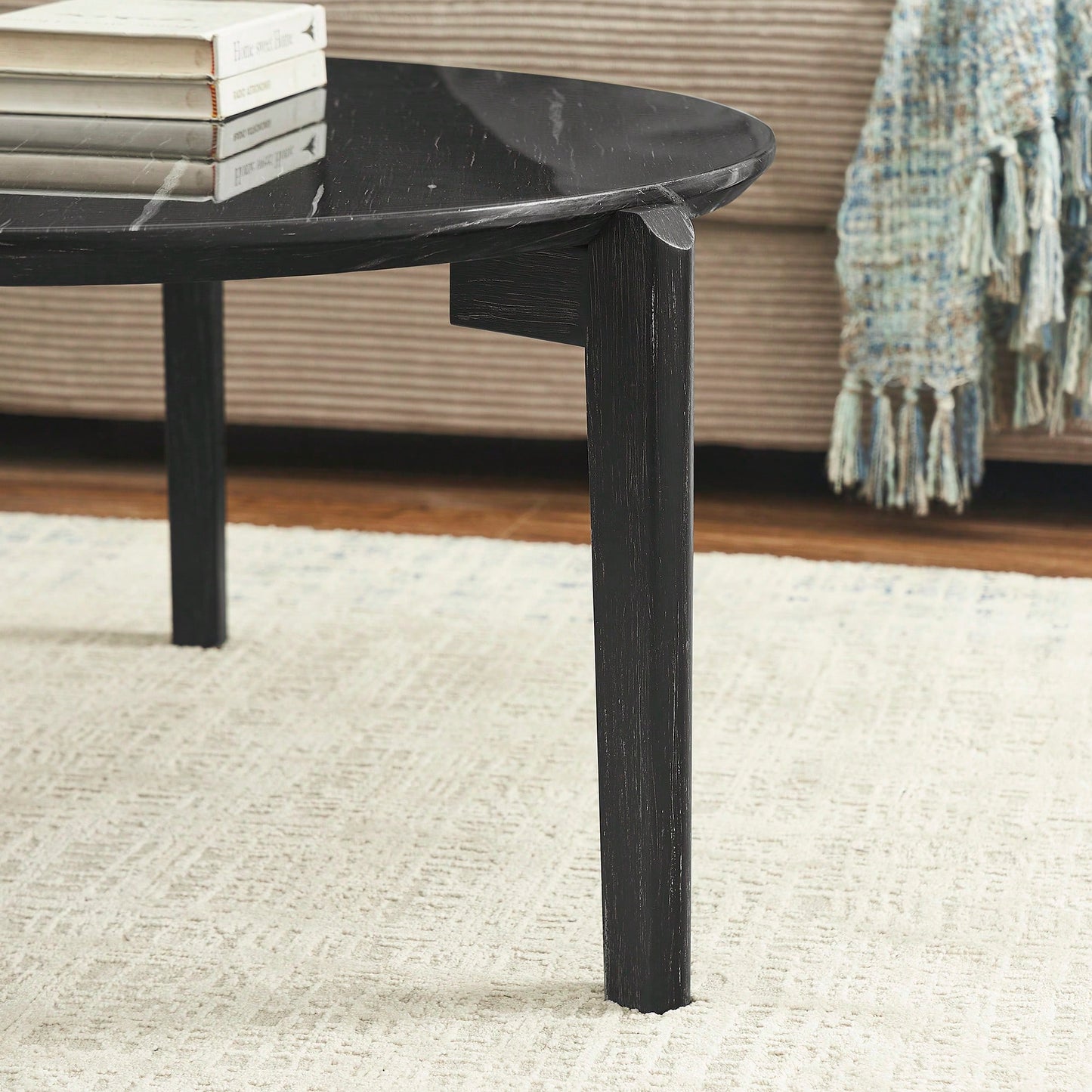Modern 36 Inch Round Coffee Table With Imitation Marble Top And Solid Rubber Wood Legs For Living Room And Office