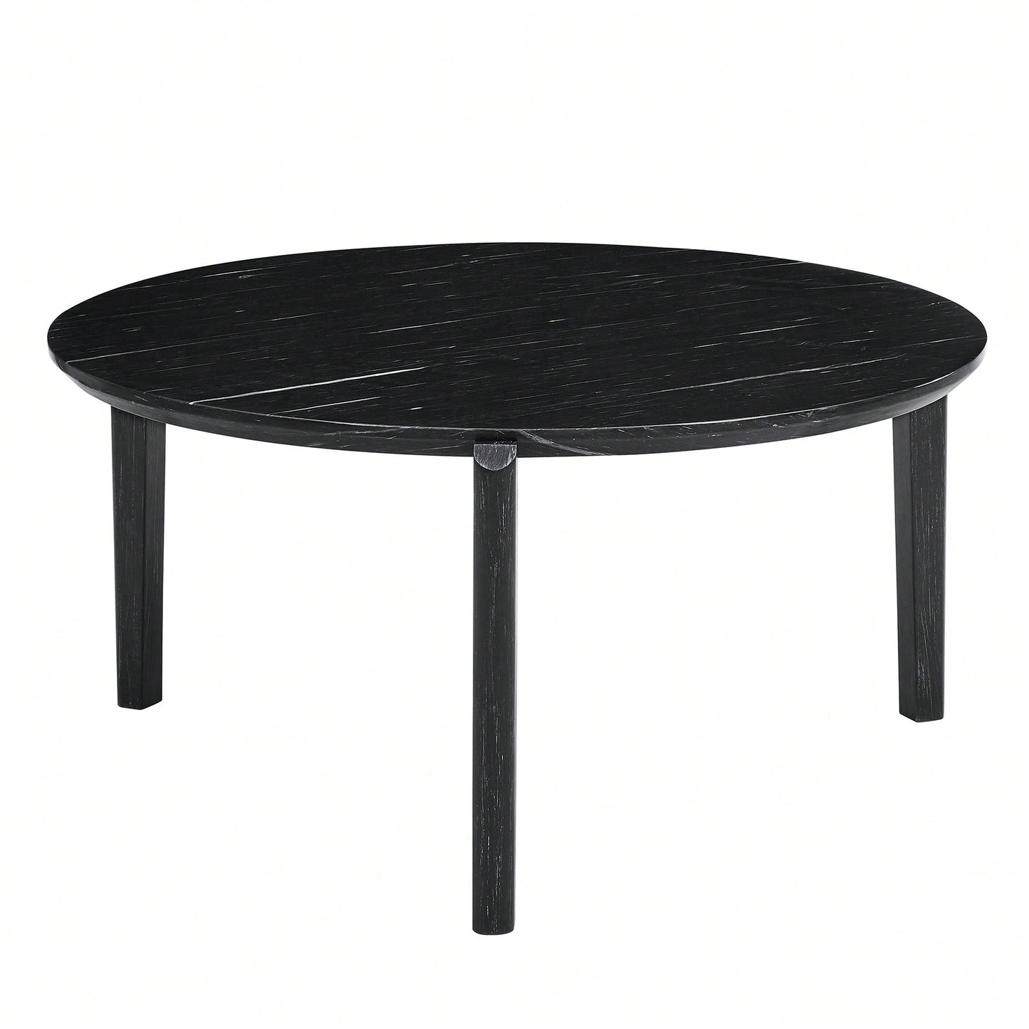 Modern 36 Inch Round Coffee Table With Imitation Marble Top And Solid Rubber Wood Legs For Living Room And Office