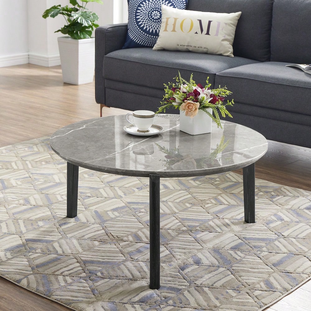 Modern 36 Inch Round Coffee Table With Imitation Marble Top And Solid Rubber Wood Legs For Living Room And Office
