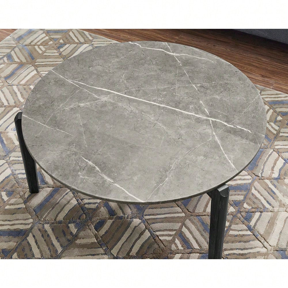Modern 36 Inch Round Coffee Table With Imitation Marble Top And Solid Rubber Wood Legs For Living Room And Office