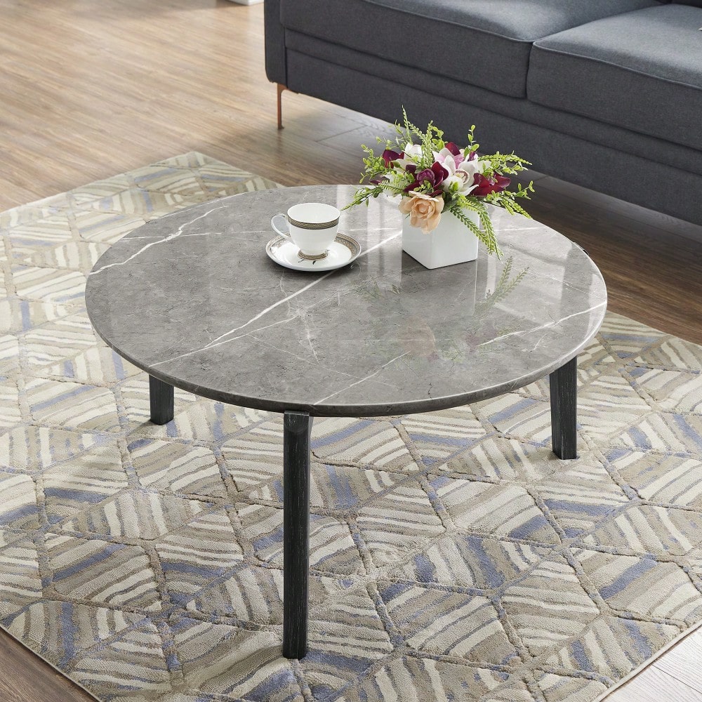 Modern 36 Inch Round Coffee Table With Imitation Marble Top And Solid Rubber Wood Legs For Living Room And Office