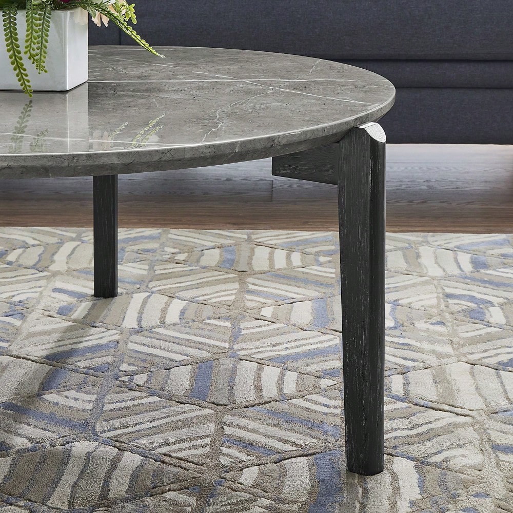 Modern 36 Inch Round Coffee Table With Imitation Marble Top And Solid Rubber Wood Legs For Living Room And Office