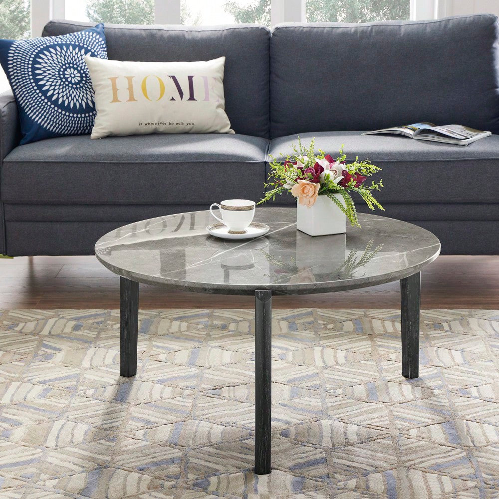 Modern 36 Inch Round Coffee Table With Imitation Marble Top And Solid Rubber Wood Legs For Living Room And Office