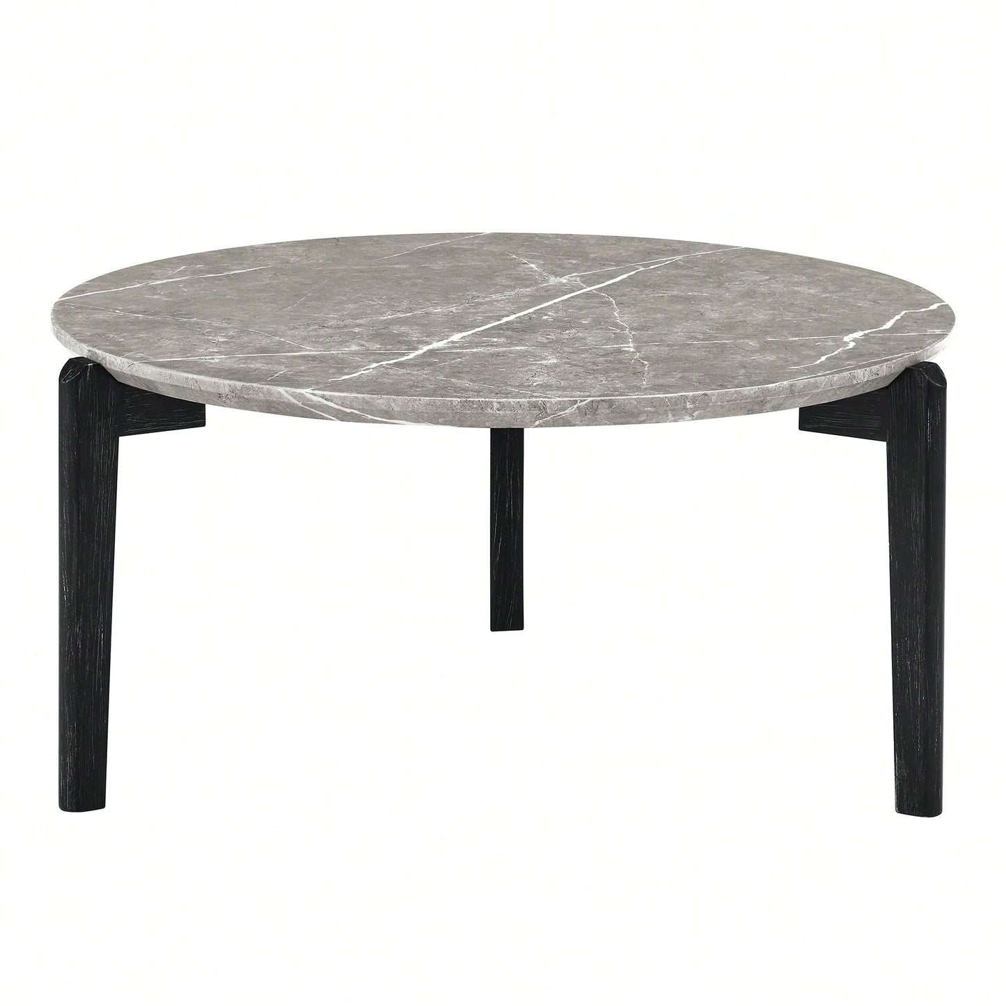 Modern 36 Inch Round Coffee Table With Imitation Marble Top And Solid Rubber Wood Legs For Living Room And Office